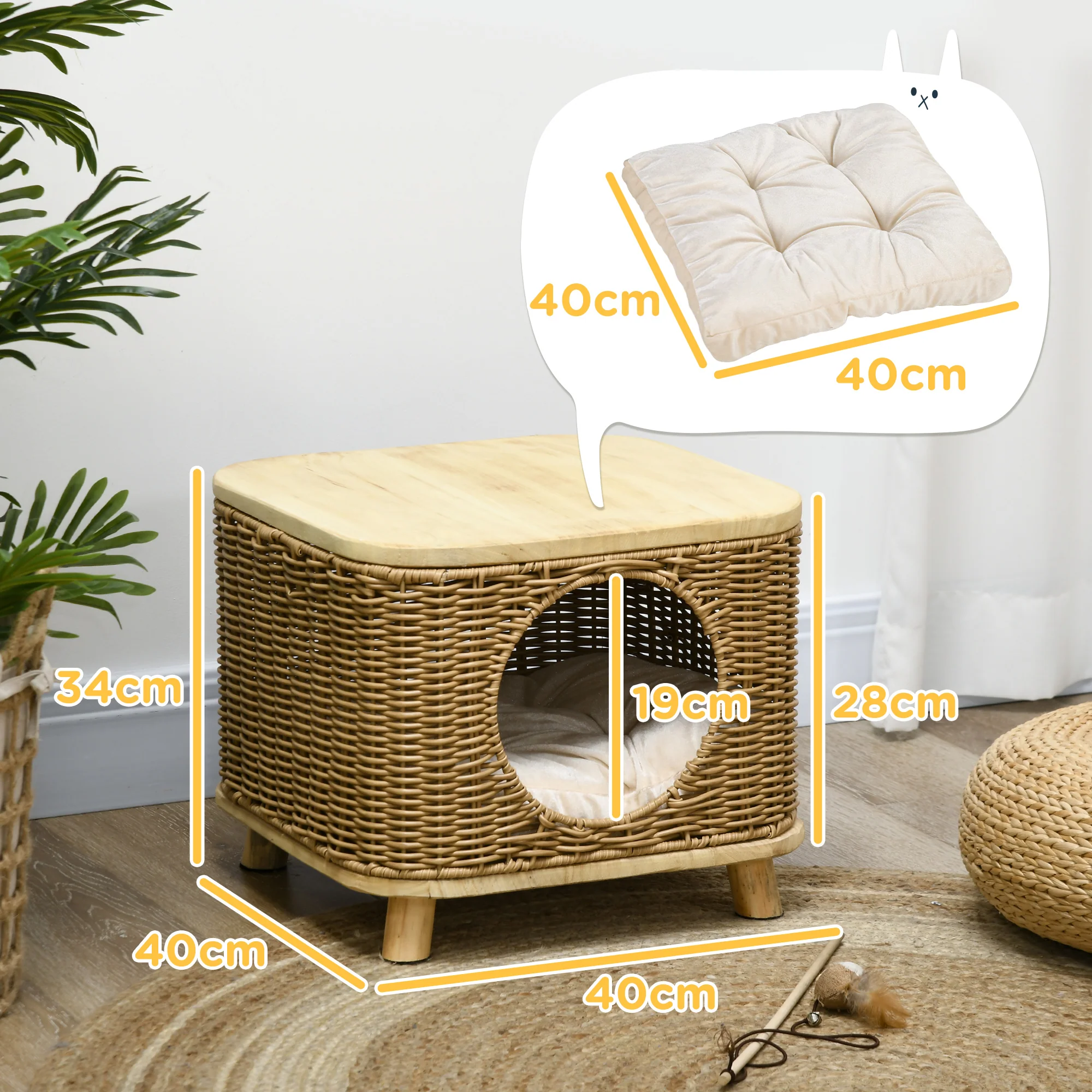 PawHut Elevated Design Wicker Cat House With Washable Cushion, Light Brown - Image 5