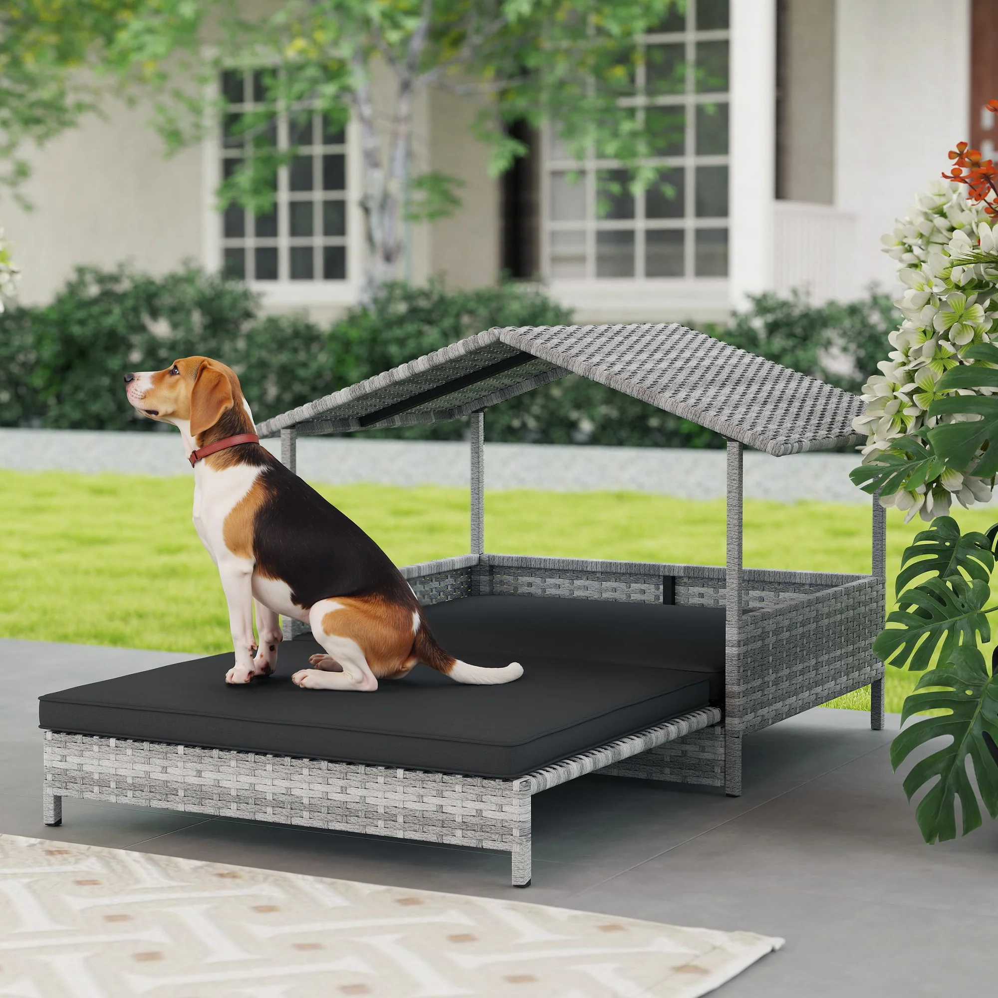 PawHut Extendable Rattan Dog House w/ Water-Resistant Roof - Charcoal Grey - Image 2
