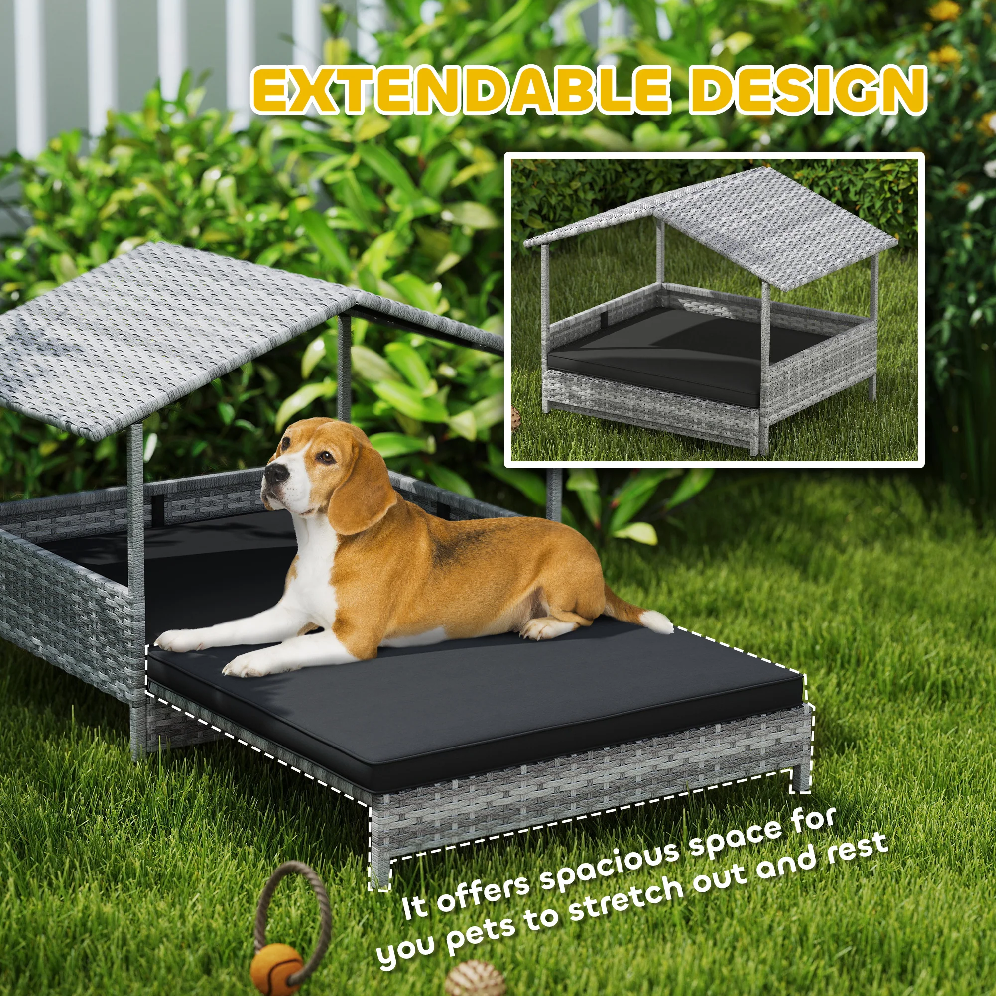 PawHut Extendable Rattan Dog House w/ Water-Resistant Roof - Charcoal Grey - Image 3