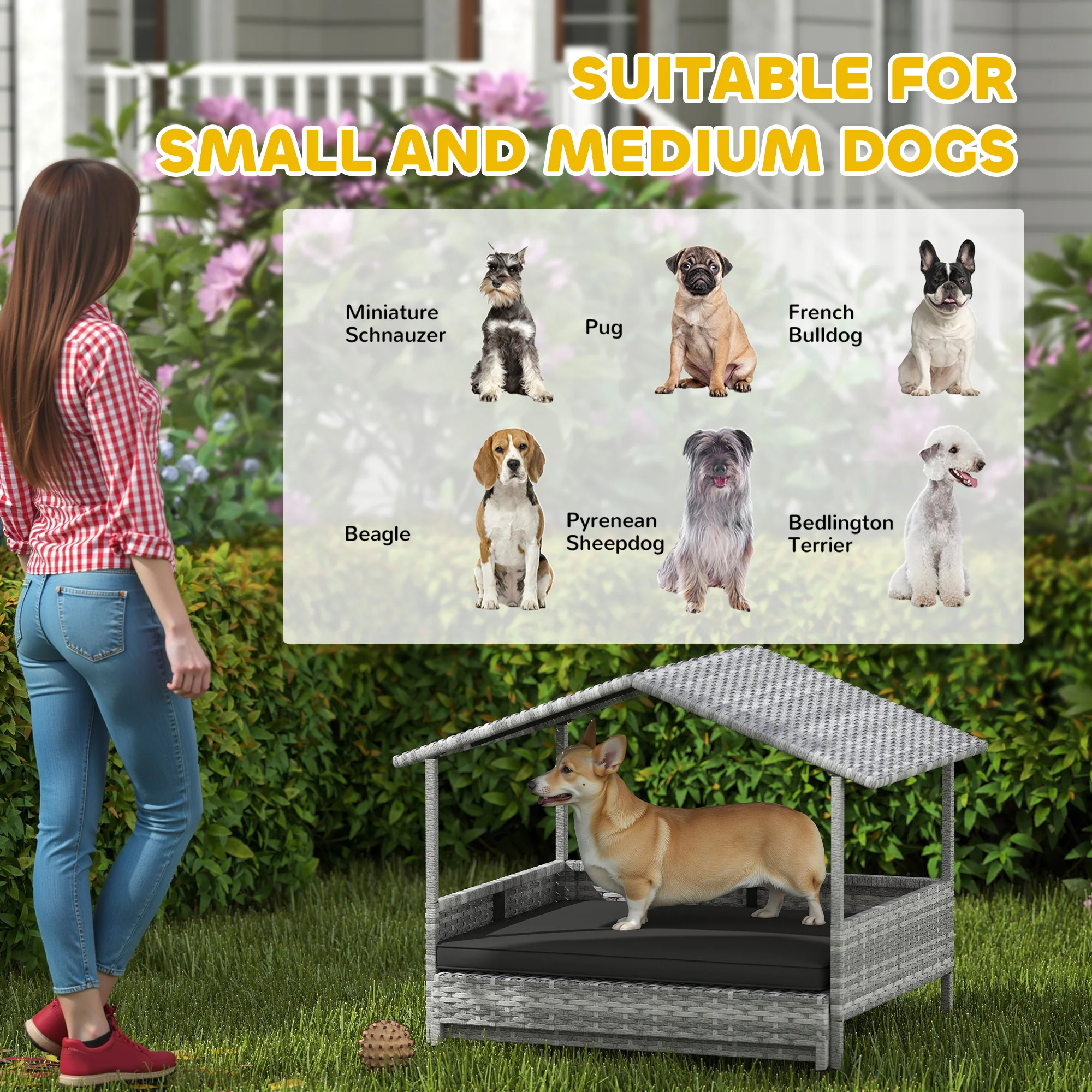 PawHut Extendable Rattan Dog House w/ Water-Resistant Roof - Charcoal Grey - Image 7