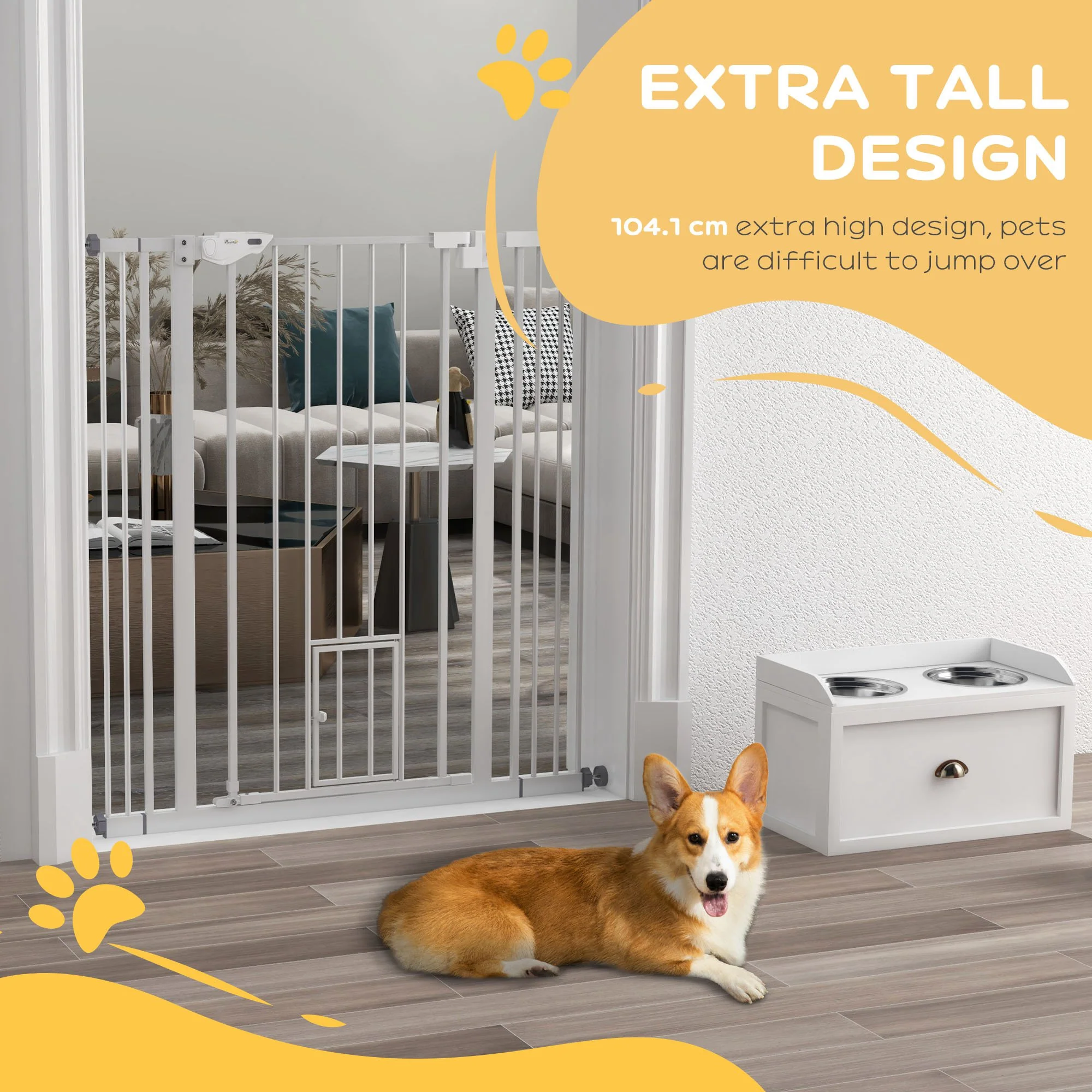 PawHut Extra Tall Dog Gate with Cat Door Auto Close for Stairs 74-101 cm Wide - Image 8