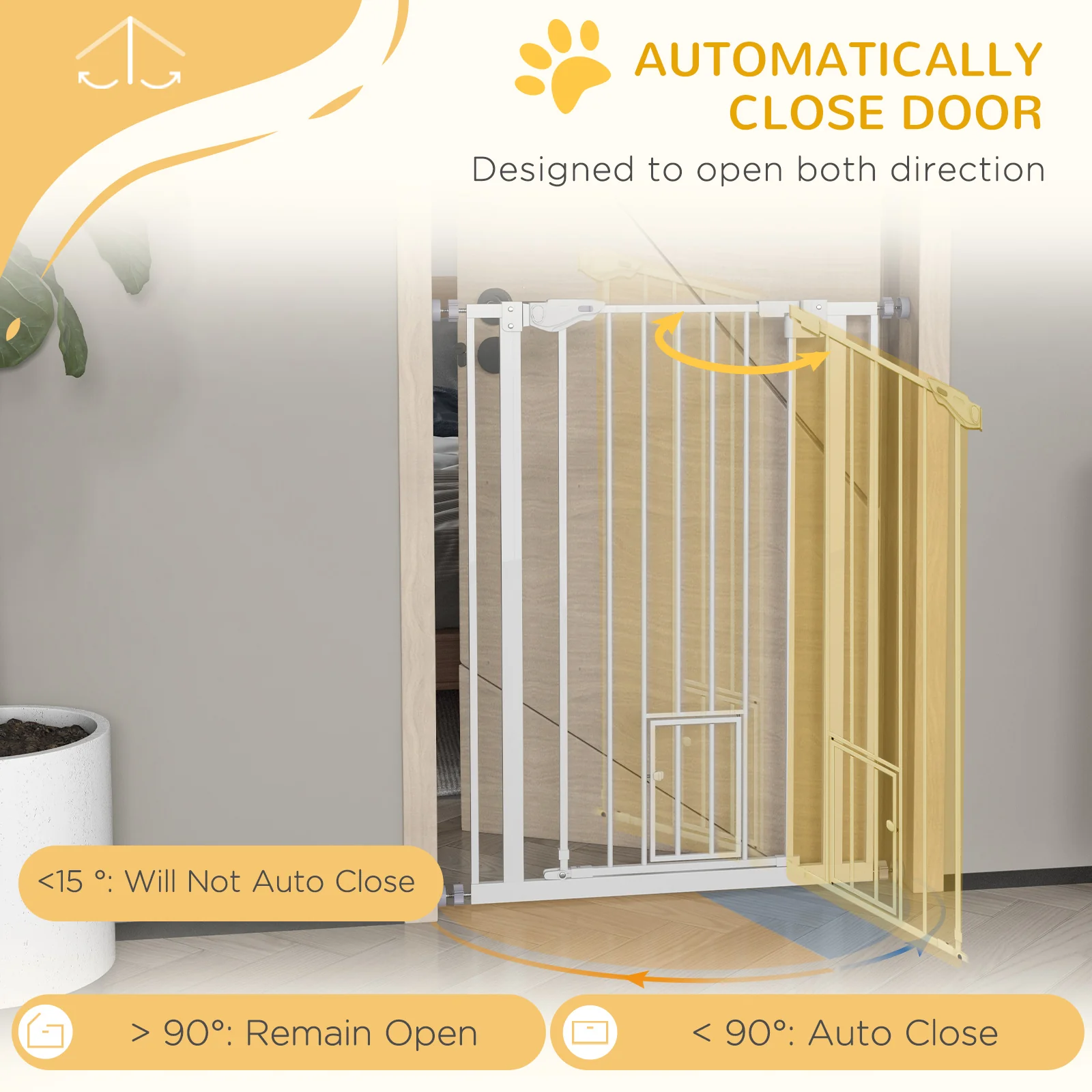 PawHut Extra Tall Dog Gate with Cat Door Auto Close for Stairs 74-80 cm Wide - Image 4