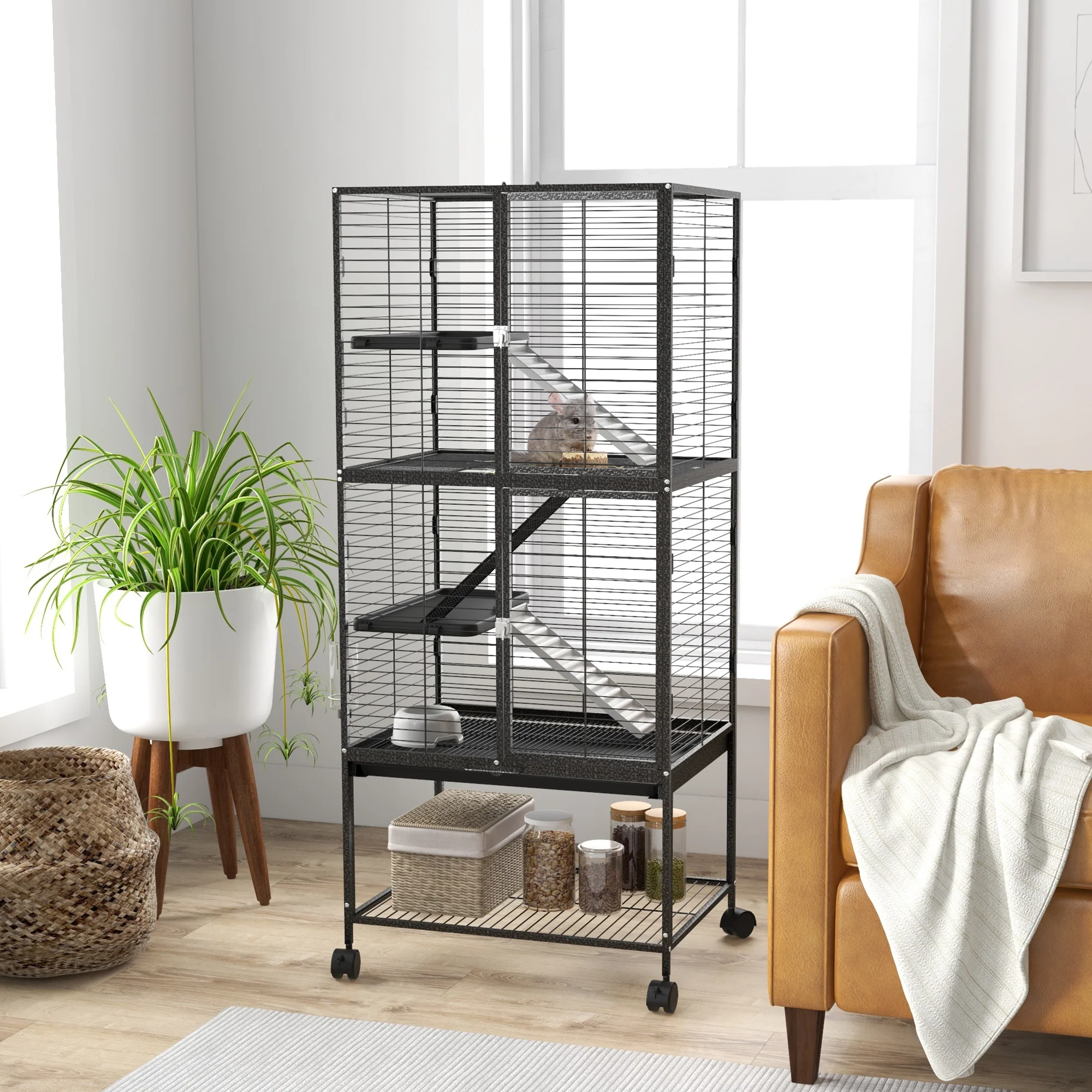PawHut Ferret Cage 136cm Rolling Small Animal Cage w/ 3 Doors, Storage Shelf - Image 2