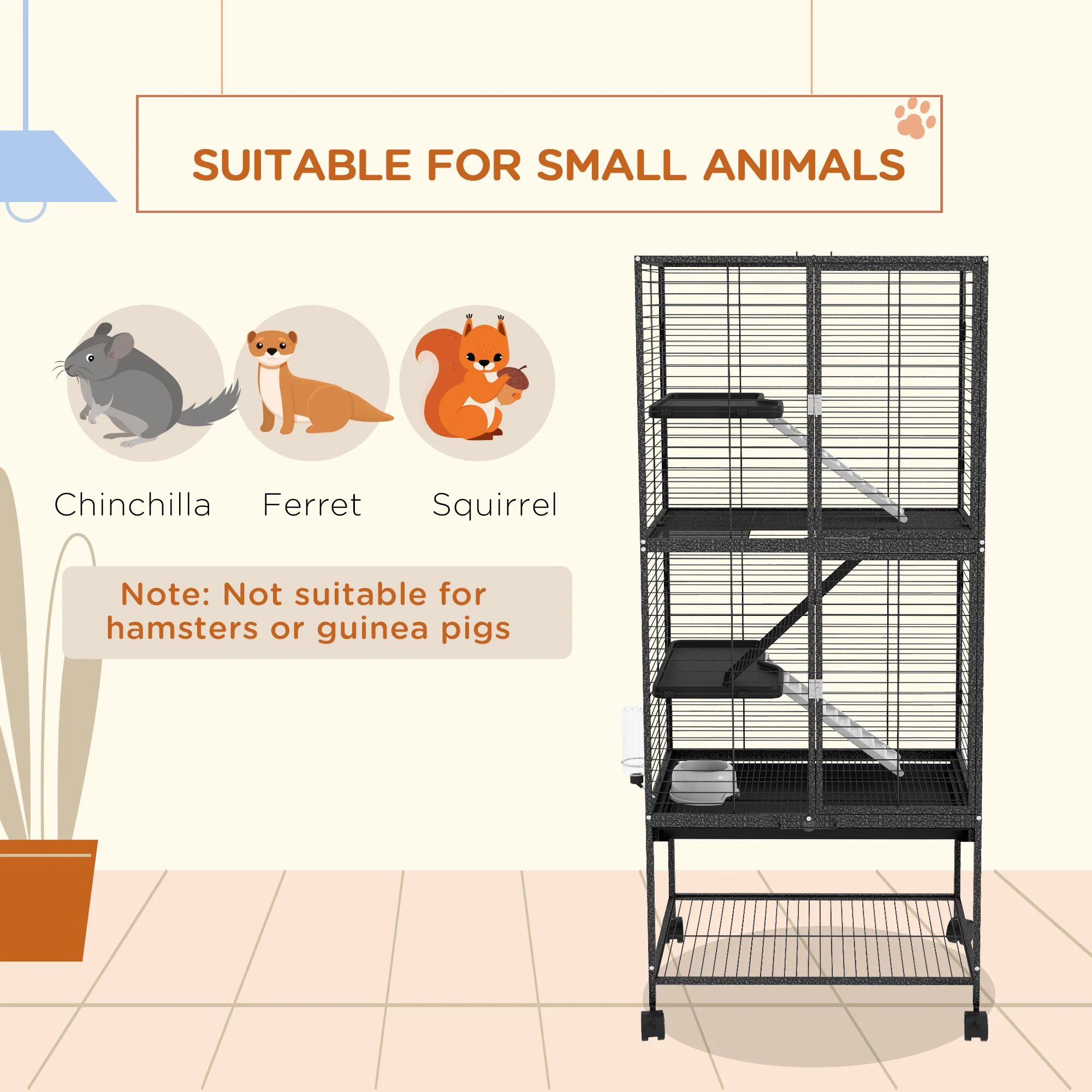 PawHut Ferret Cage 136cm Rolling Small Animal Cage w/ 3 Doors, Storage Shelf - Image 3