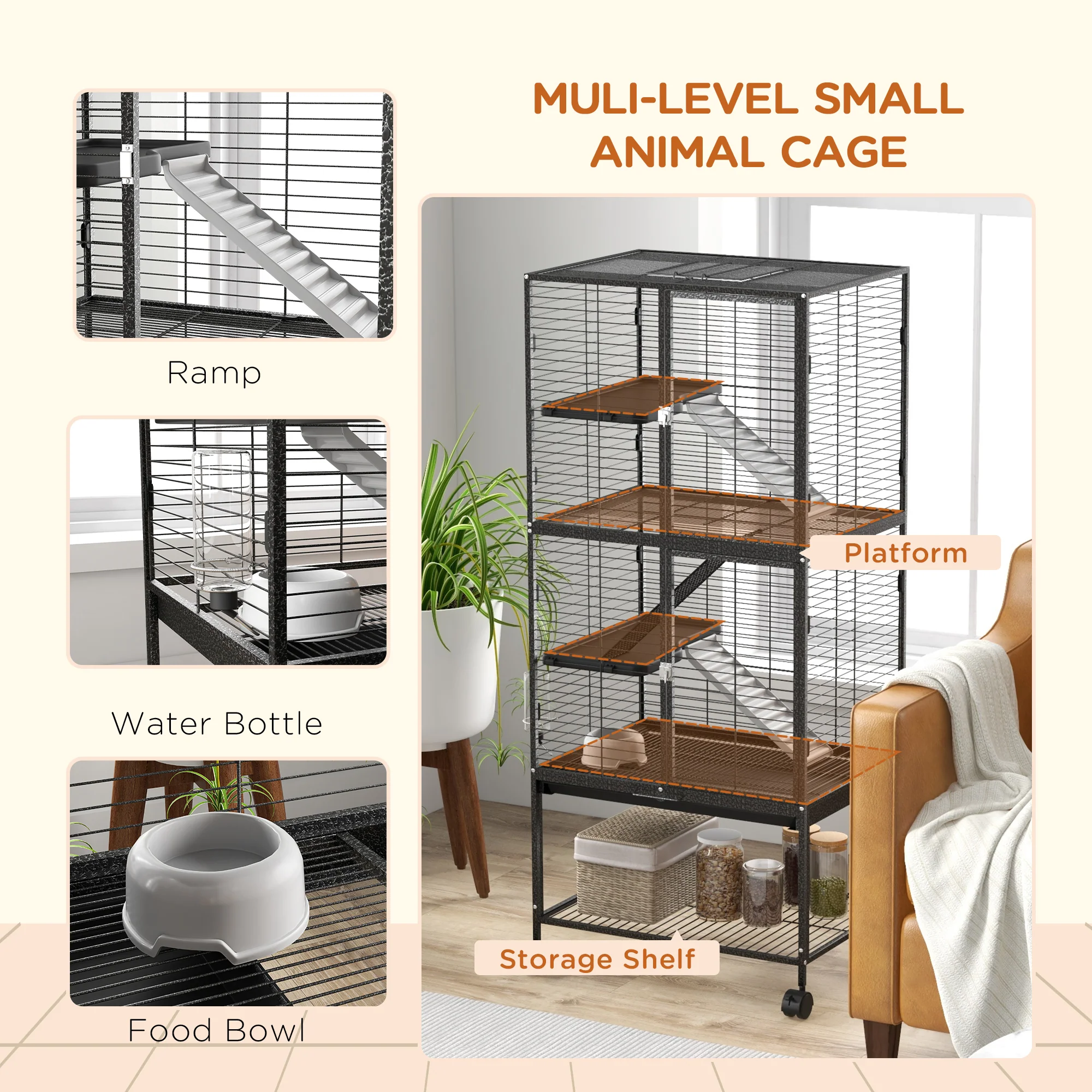PawHut Ferret Cage 136cm Rolling Small Animal Cage w/ 3 Doors, Storage Shelf - Image 4