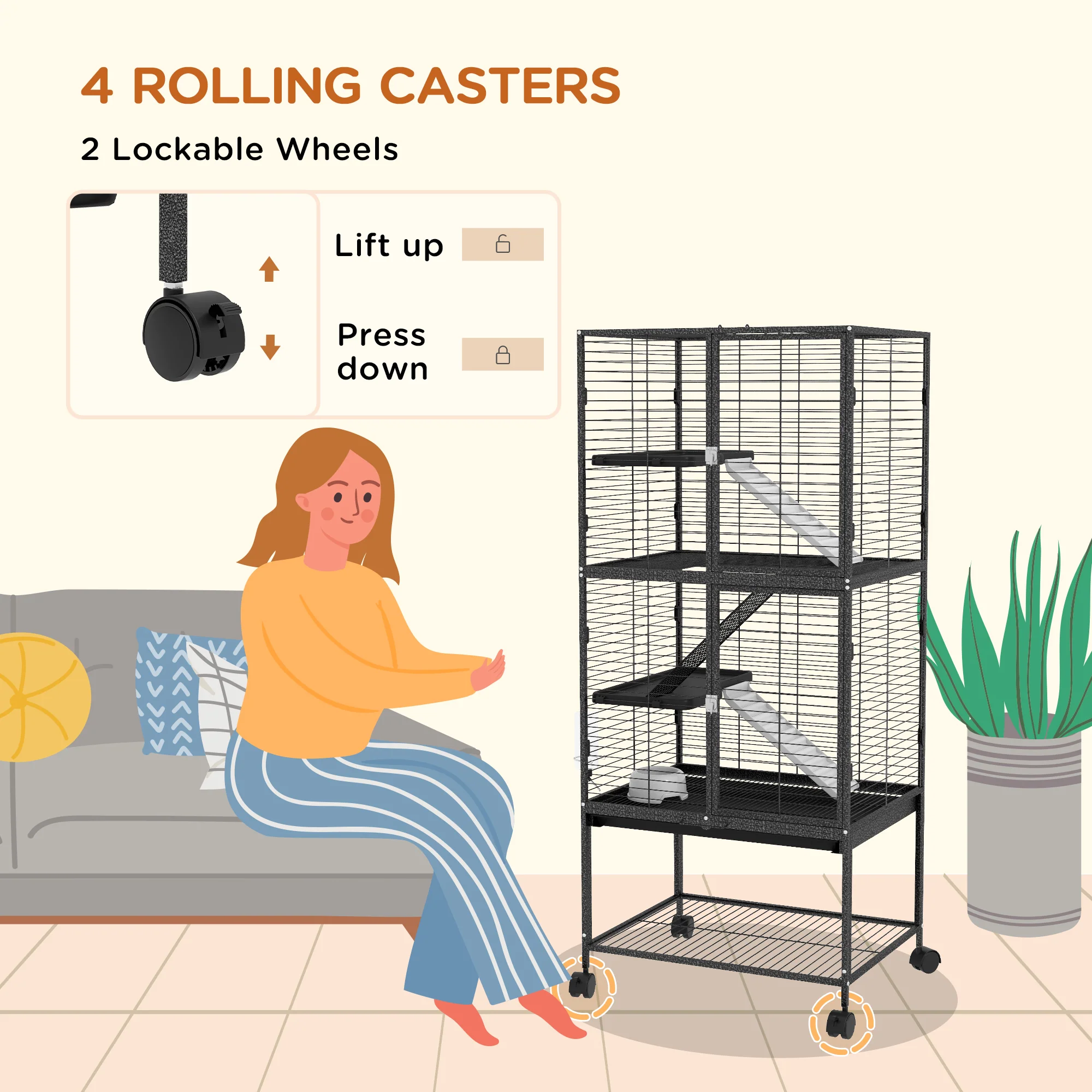 PawHut Ferret Cage 136cm Rolling Small Animal Cage w/ 3 Doors, Storage Shelf - Image 6