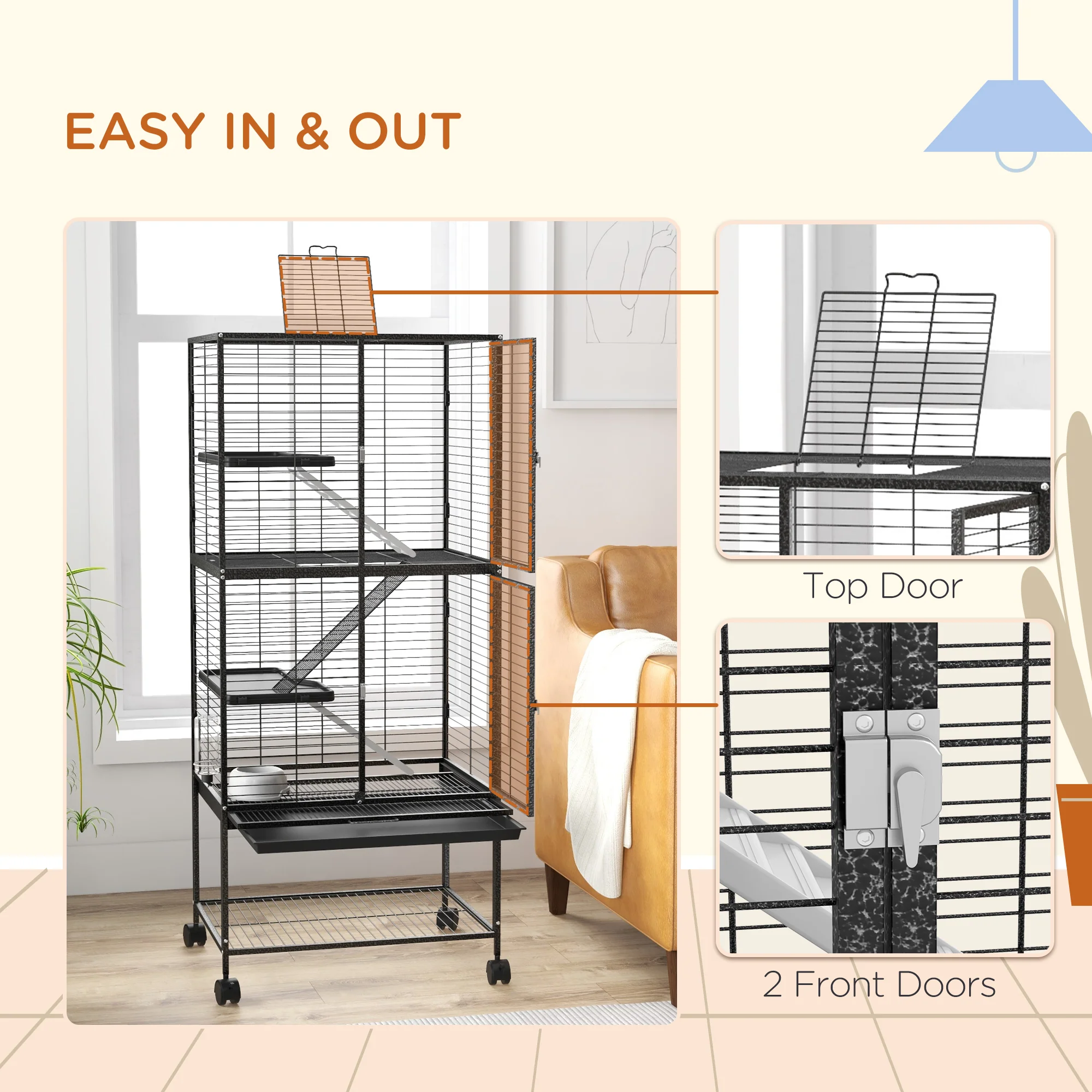 PawHut Ferret Cage 136cm Rolling Small Animal Cage w/ 3 Doors, Storage Shelf - Image 7