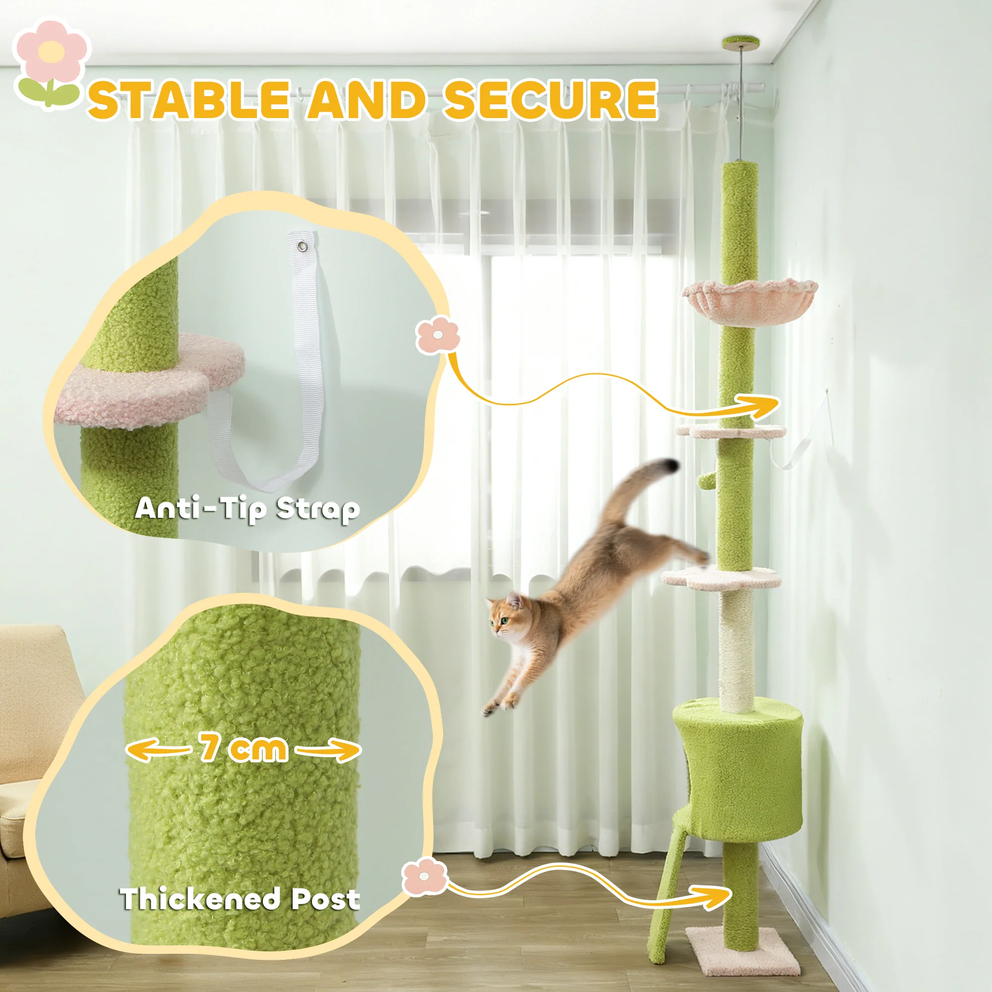 PawHut Floor To Ceiling Cat Tree Adjustable Height 220-240 Cm Cat Tower - Image 7