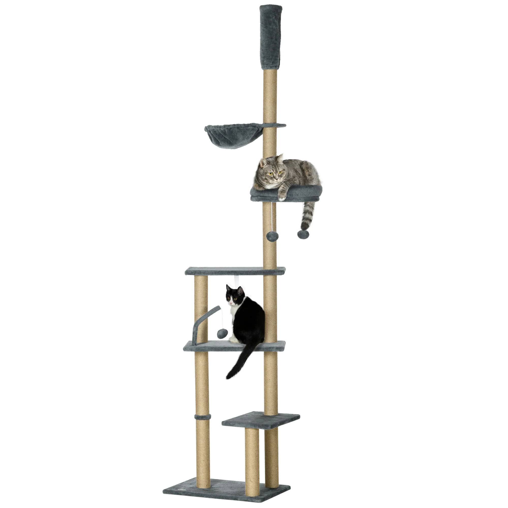 PawHut Floor To Ceiling Climbing Cat Tree Tower, 230-250cm Height, Grey