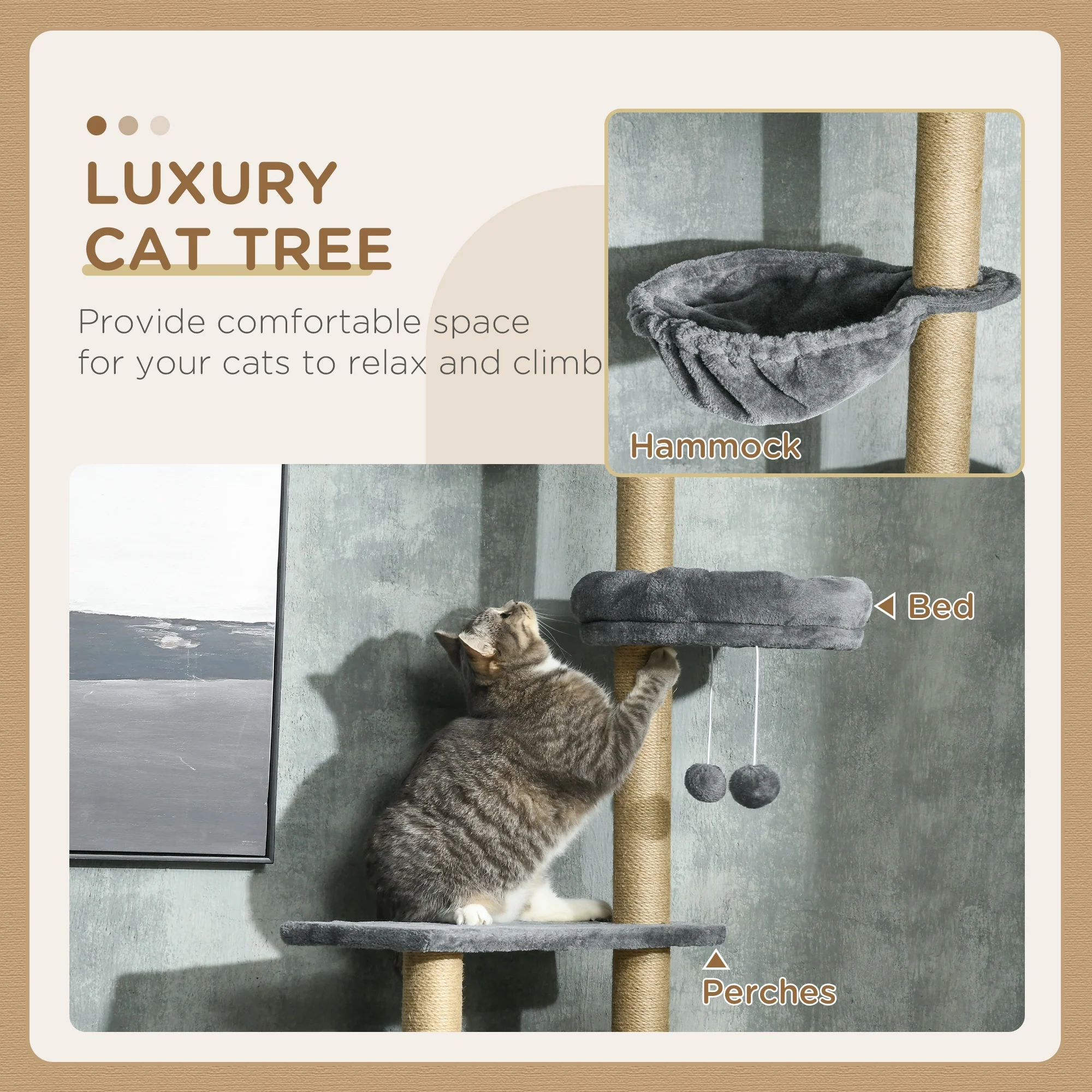 PawHut Floor To Ceiling Climbing Cat Tree Tower, 230-250cm Height, Grey - Image 4