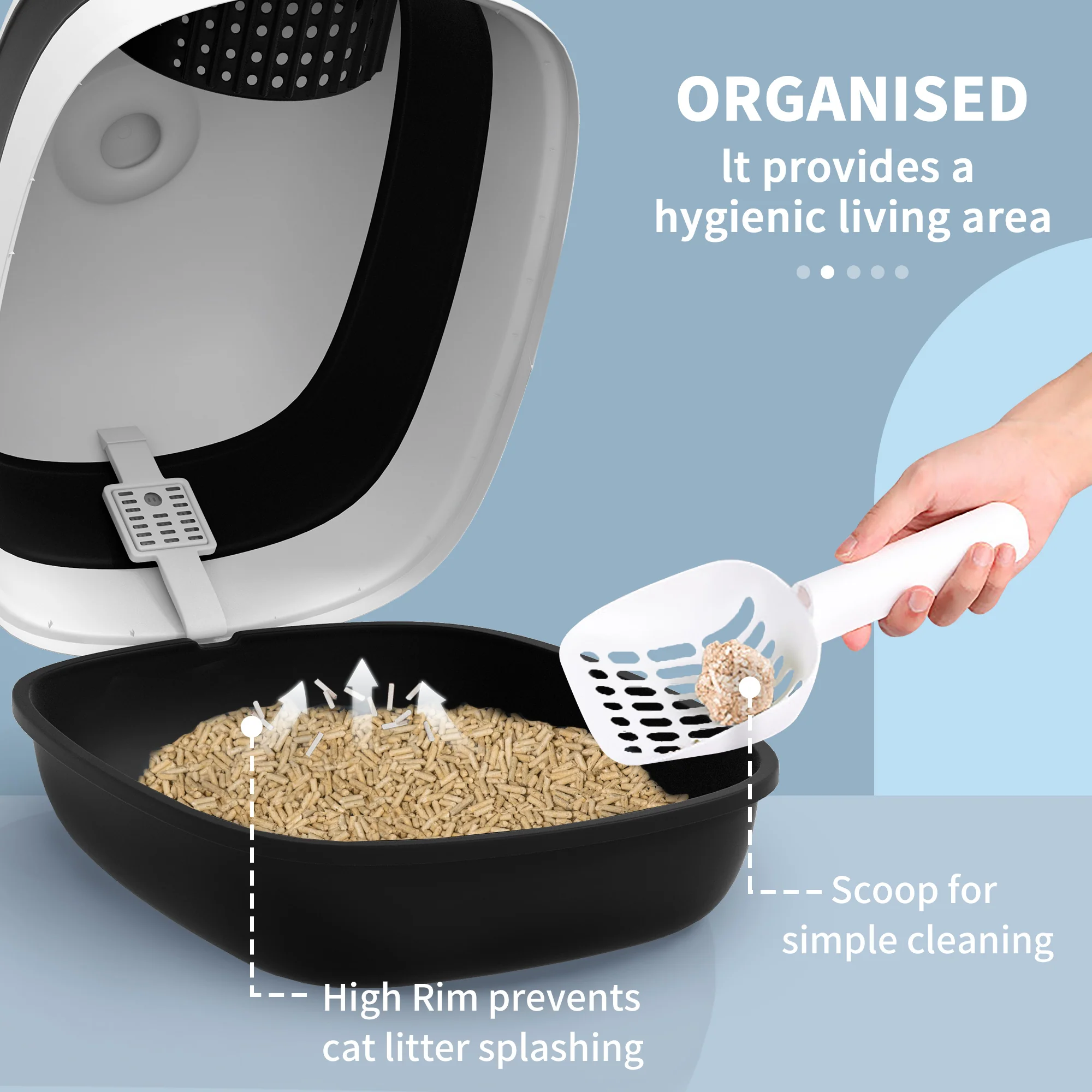 PawHut Foldable Cat Litter Tray Hooded Cat Litter Box W/ High Side, Black - Image 4
