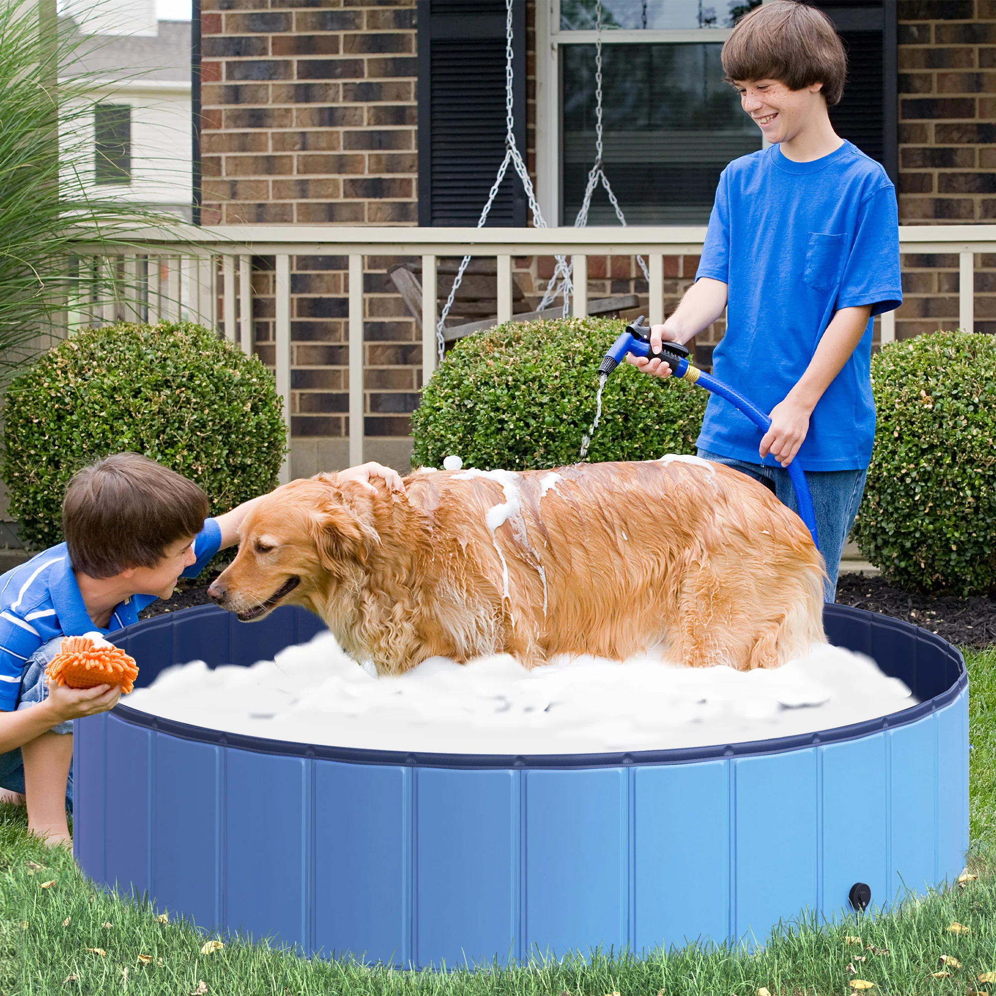 PawHut Foldable Dog Paddling Pool Pet Cat Swimming Pool Indoor/Outdoor Collapsible Summer Bathing Tub Shower Tub Puppy Washer (140 X 30H (cm), Blue) - Image 2
