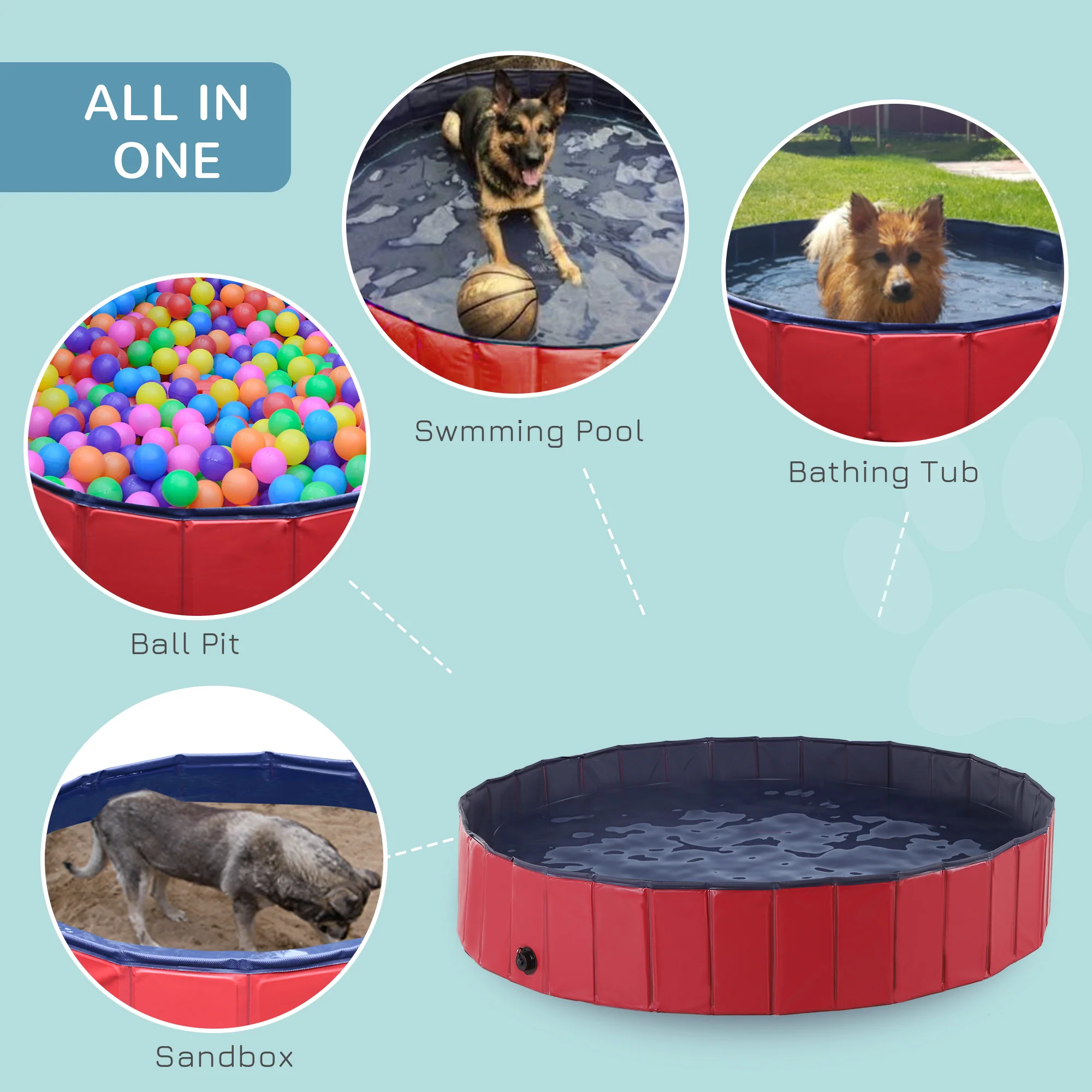 PawHut Foldable Dog Paddling Pool Pet Cat Swimming Pool Indoor/Outdoor Collapsible Summer Bathing Tub Shower Tub Puppy Washer (Red,160 × 30H Cm) - Image 3