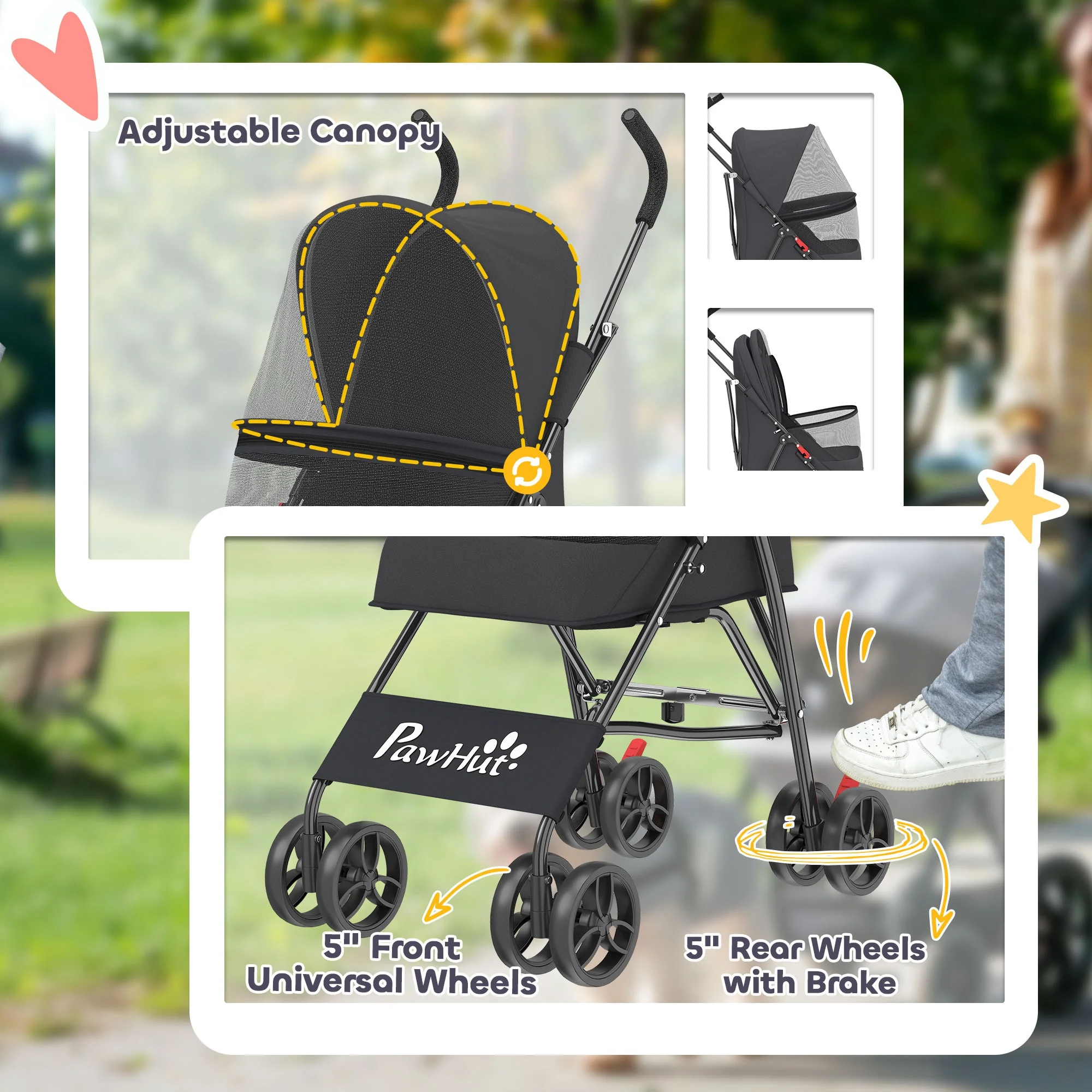 PawHut Foldable Dog Stroller with Mesh Windows for Mini Dogs, Black - Image 6