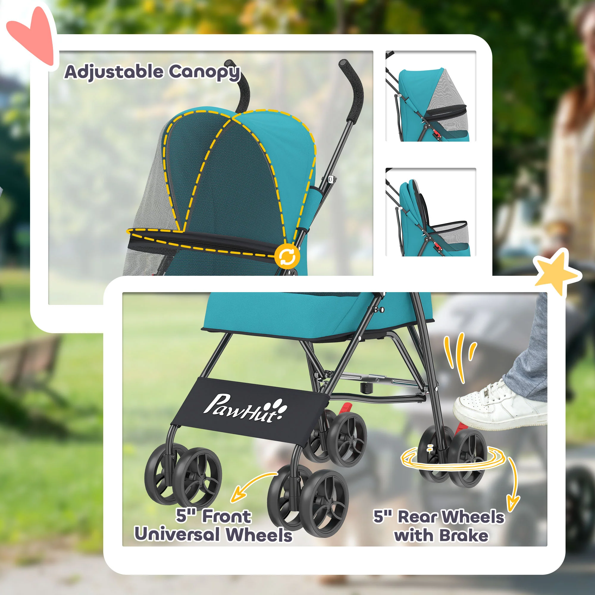PawHut Foldable Dog Stroller with Mesh Windows for Mini Dogs, Dark Green - Image 6