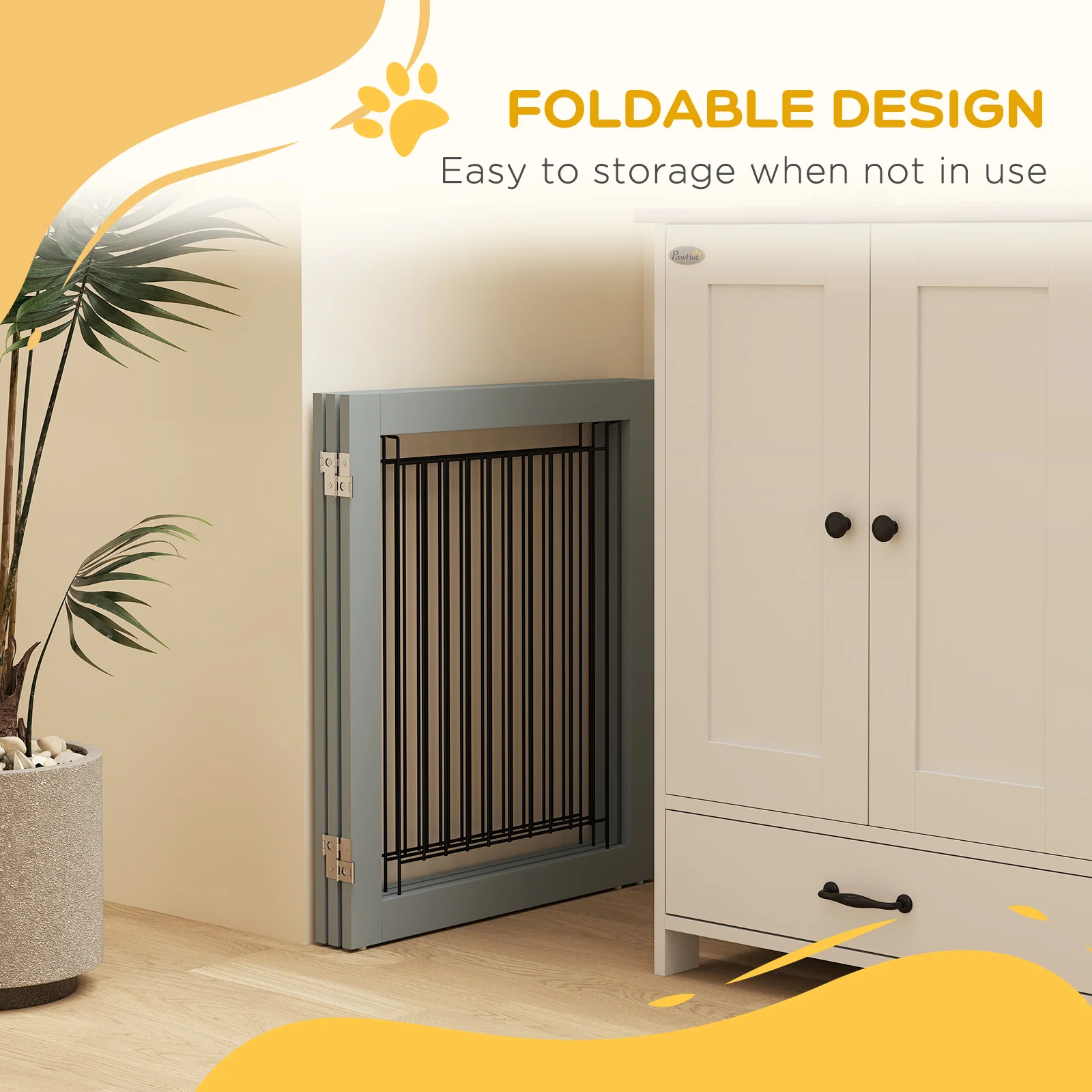 PawHut Foldable Wooden Pet Gate w/ 3 Panels 2 Support Feet for Small Dogs - Image 4