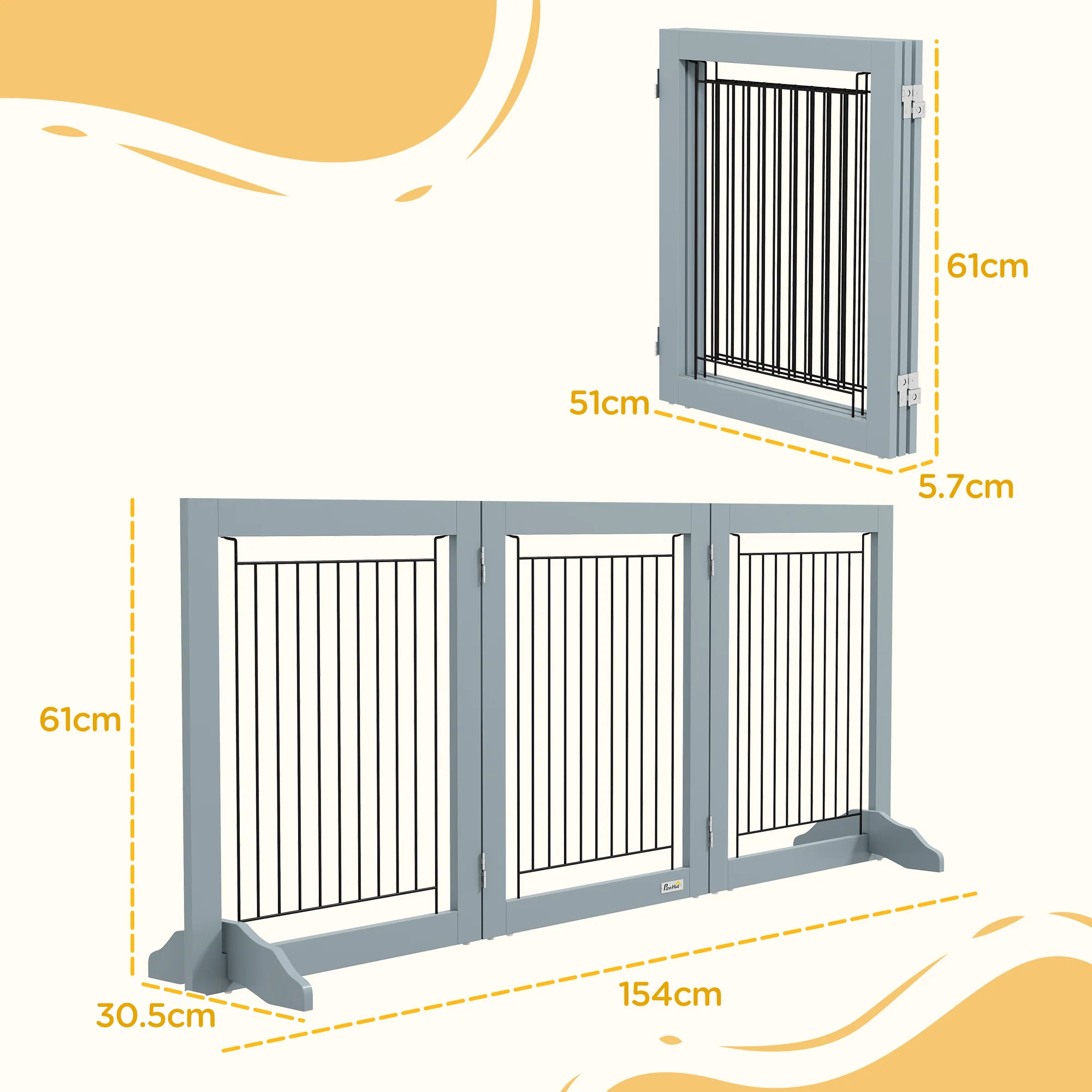 PawHut Foldable Wooden Pet Gate w/ 3 Panels 2 Support Feet for Small Dogs - Image 5