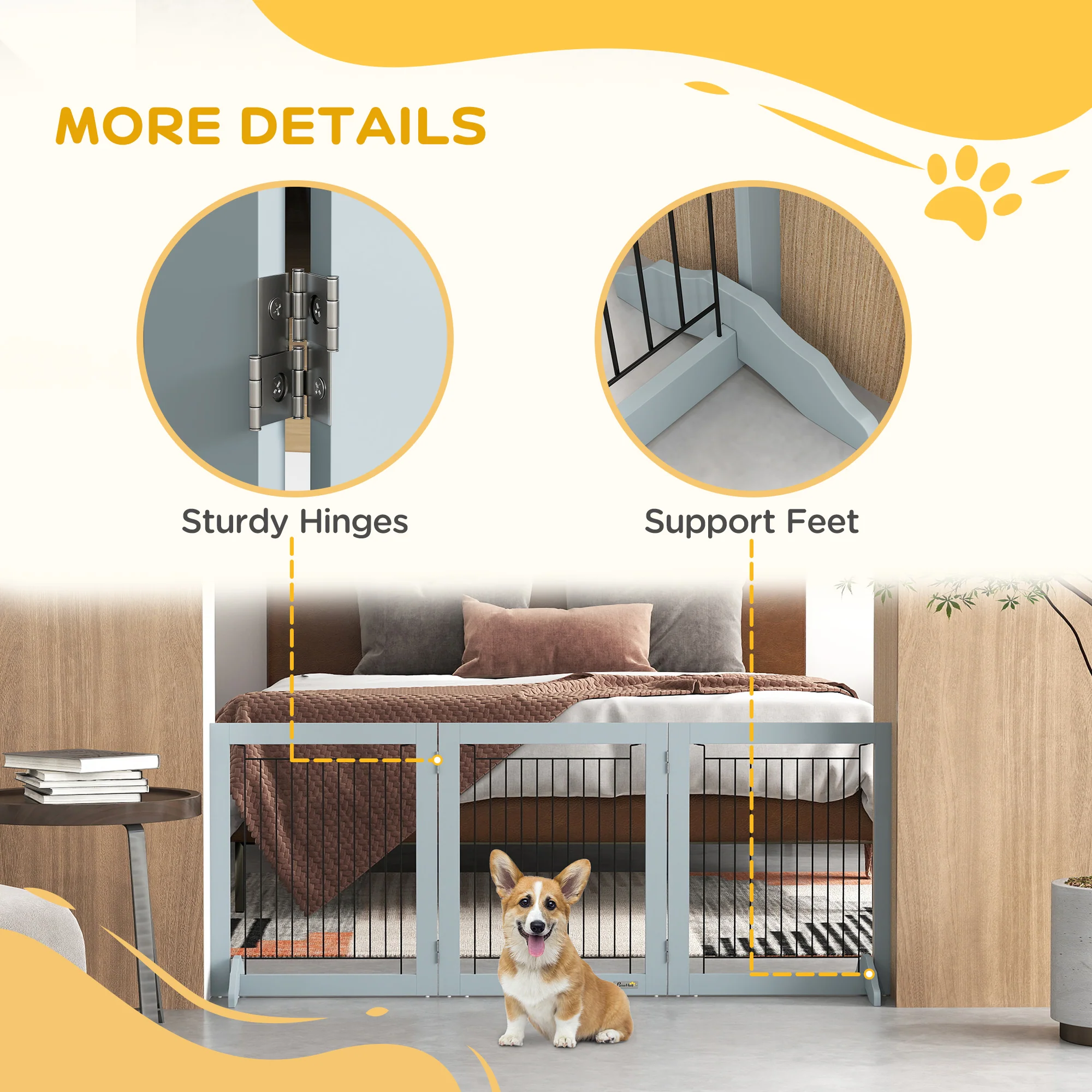 PawHut Foldable Wooden Pet Gate w/ 3 Panels 2 Support Feet for Small Dogs - Image 6