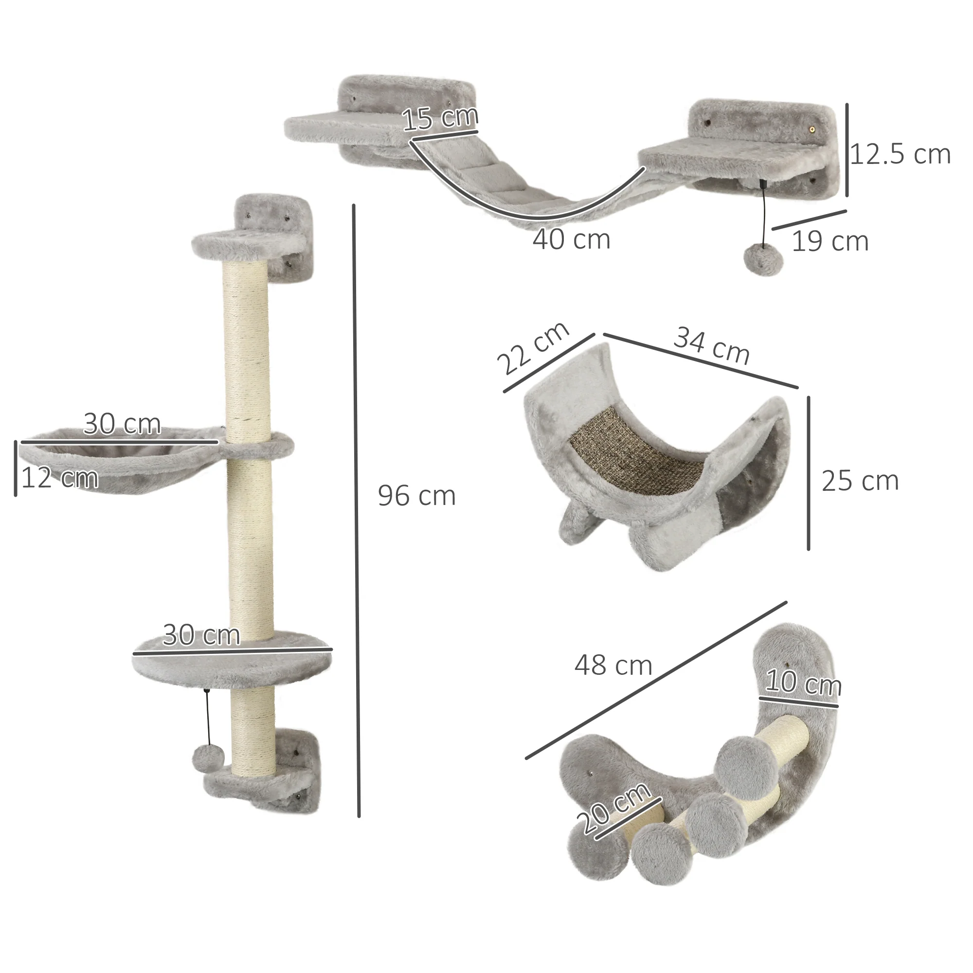 PawHut Four-Piece Cat Wall Furniture W/ Hammock, Ladder, Platforms, Steps - Grey - Image 5