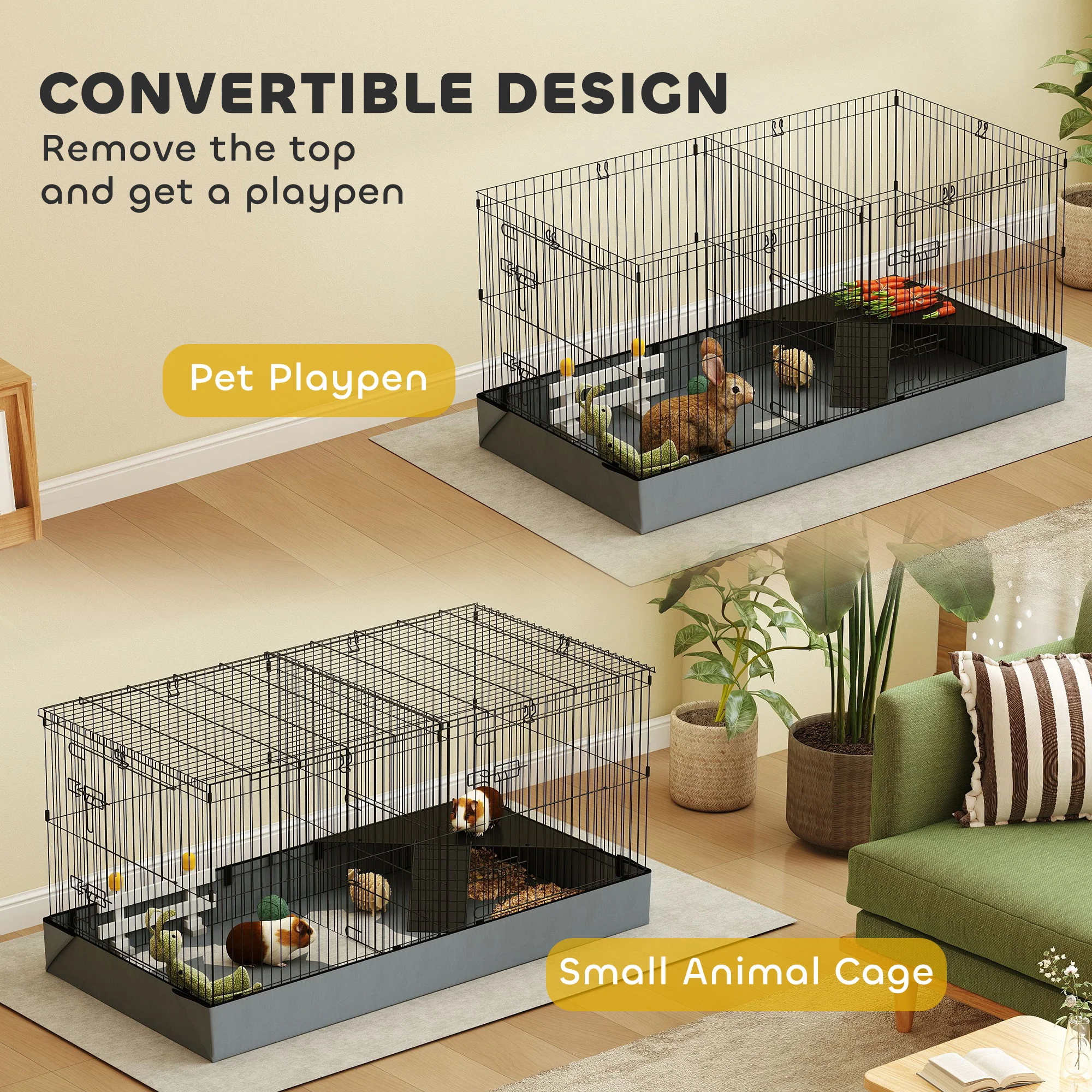 PawHut Guinea Pig Cage, 2 in 1 Rabbit Cage Pet Playpen for Hedgehogs, Black - Image 3