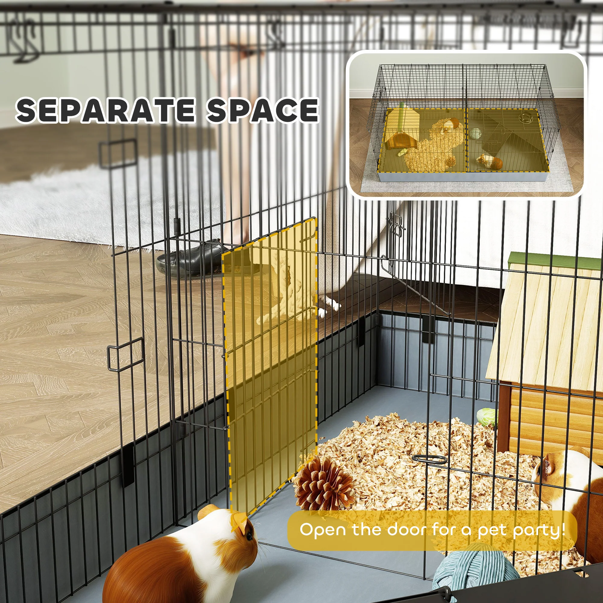 PawHut Guinea Pig Cage, 2 in 1 Rabbit Cage Pet Playpen for Hedgehogs, Black - Image 4