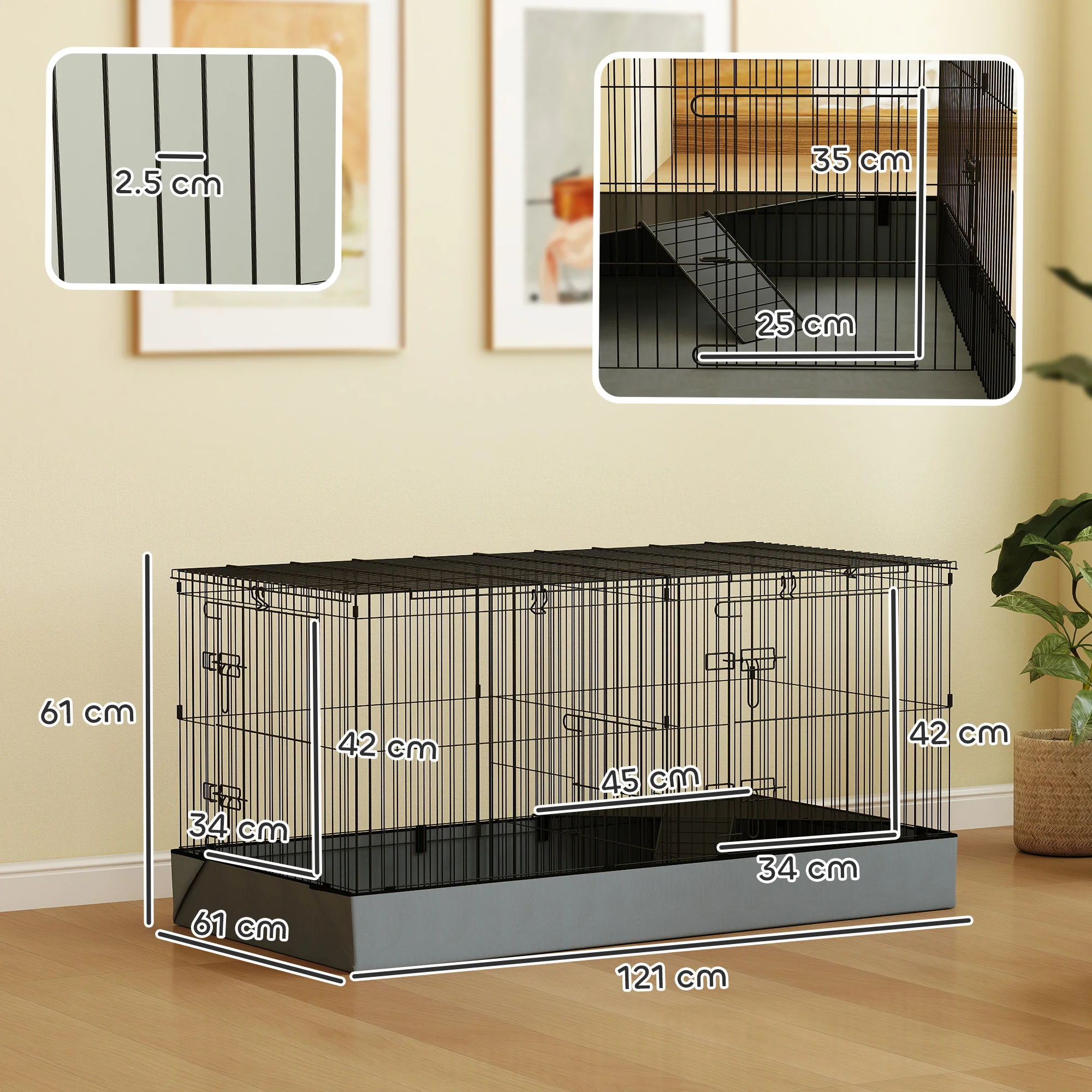 PawHut Guinea Pig Cage, 2 in 1 Rabbit Cage Pet Playpen for Hedgehogs, Black - Image 5