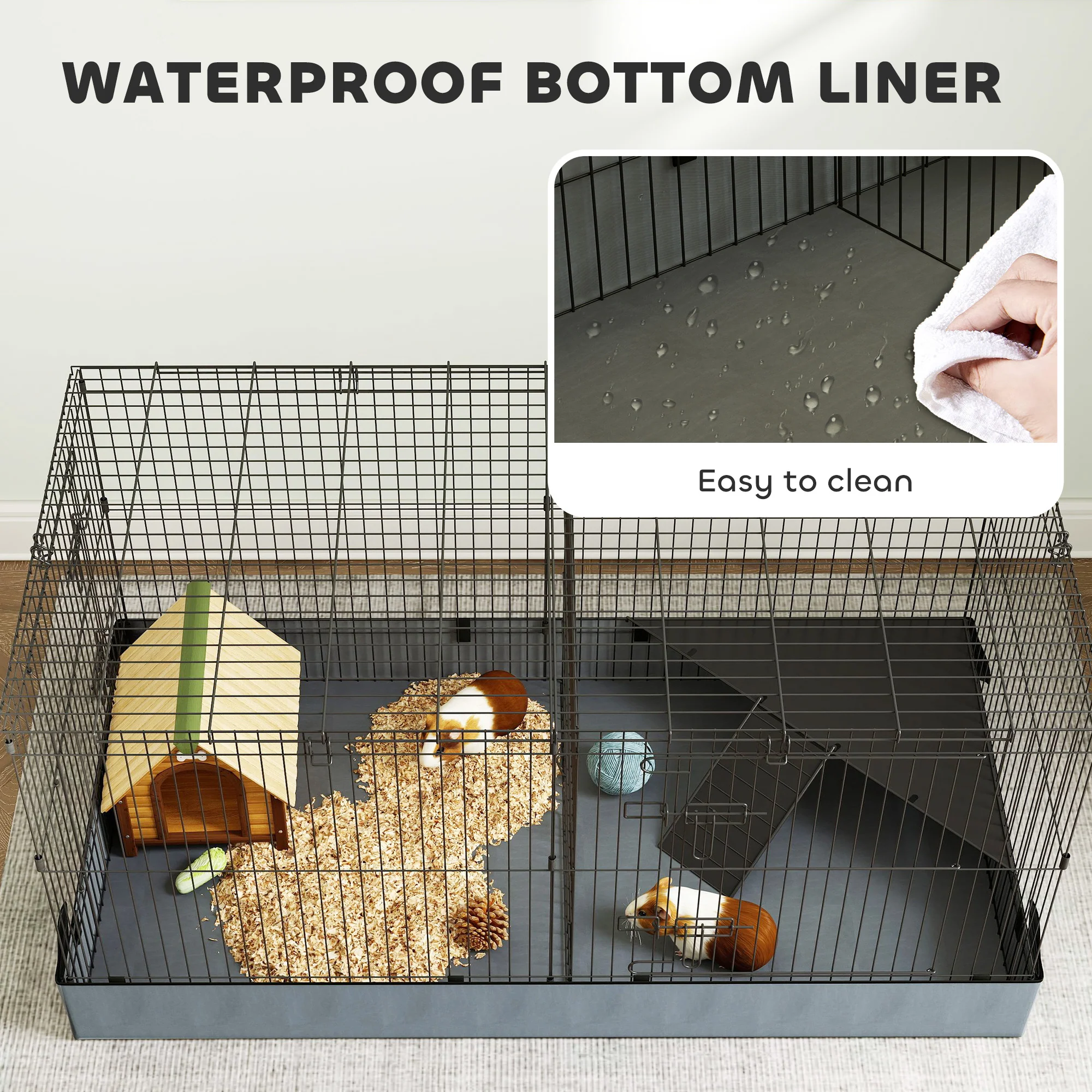 PawHut Guinea Pig Cage, 2 in 1 Rabbit Cage Pet Playpen for Hedgehogs, Black - Image 6