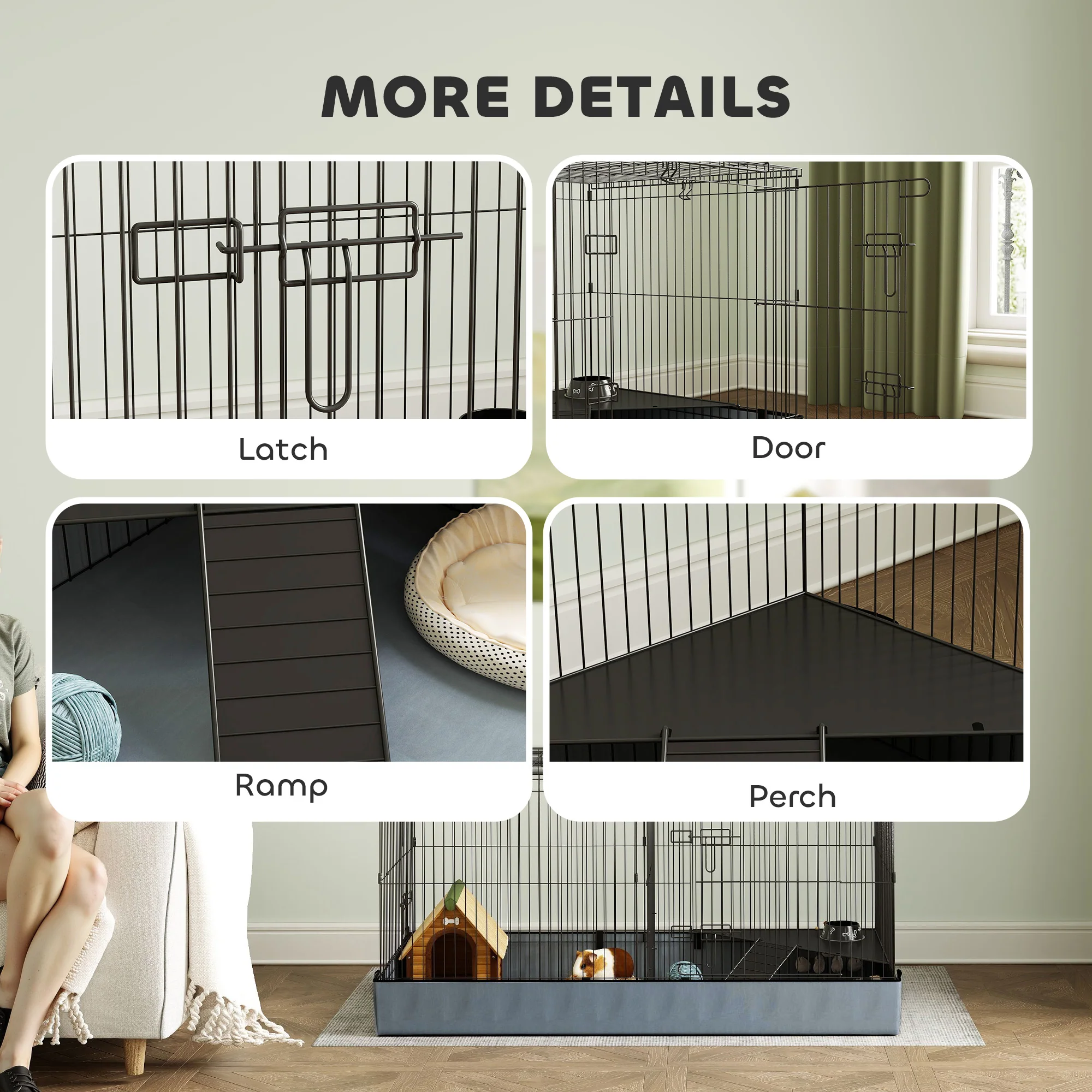 PawHut Guinea Pig Cage, 2 in 1 Rabbit Cage Pet Playpen for Hedgehogs, Black - Image 7