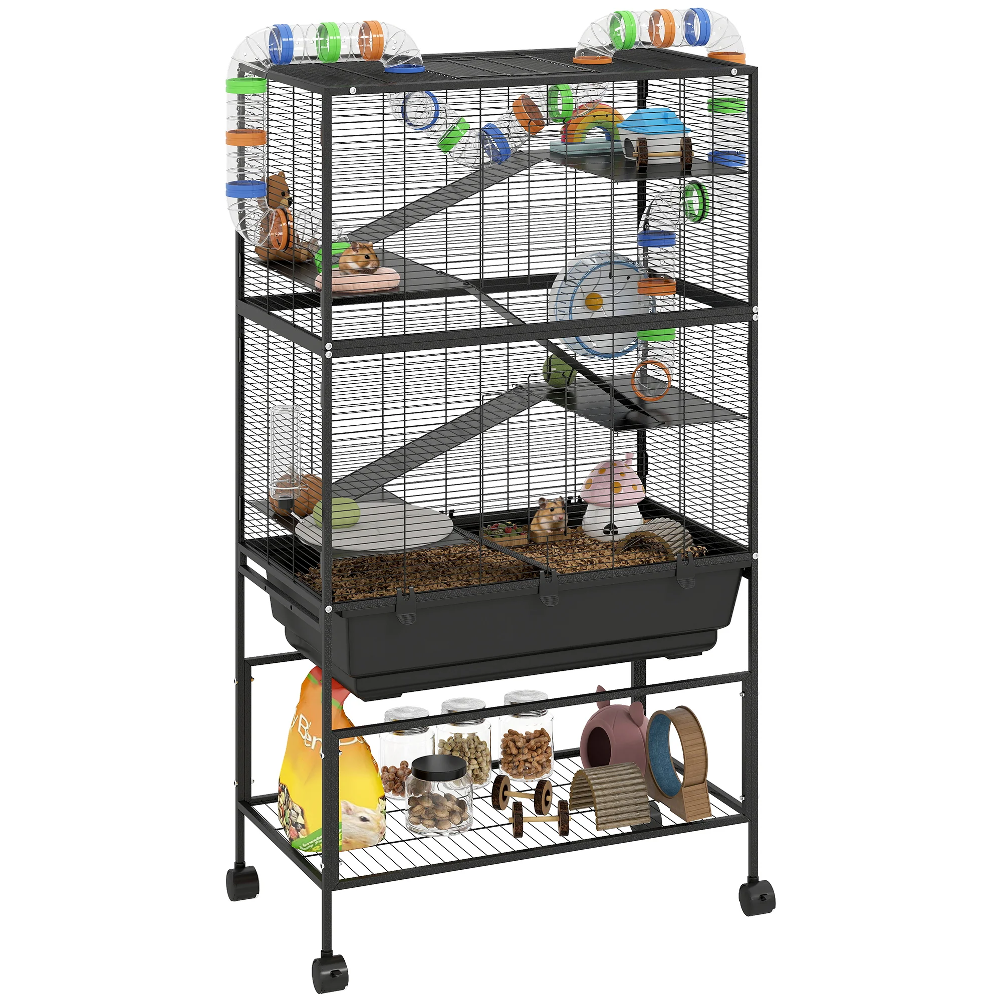 PawHut Hamster Cage, Gerbil Cage On Wheels With Storage Shelf - Image 10