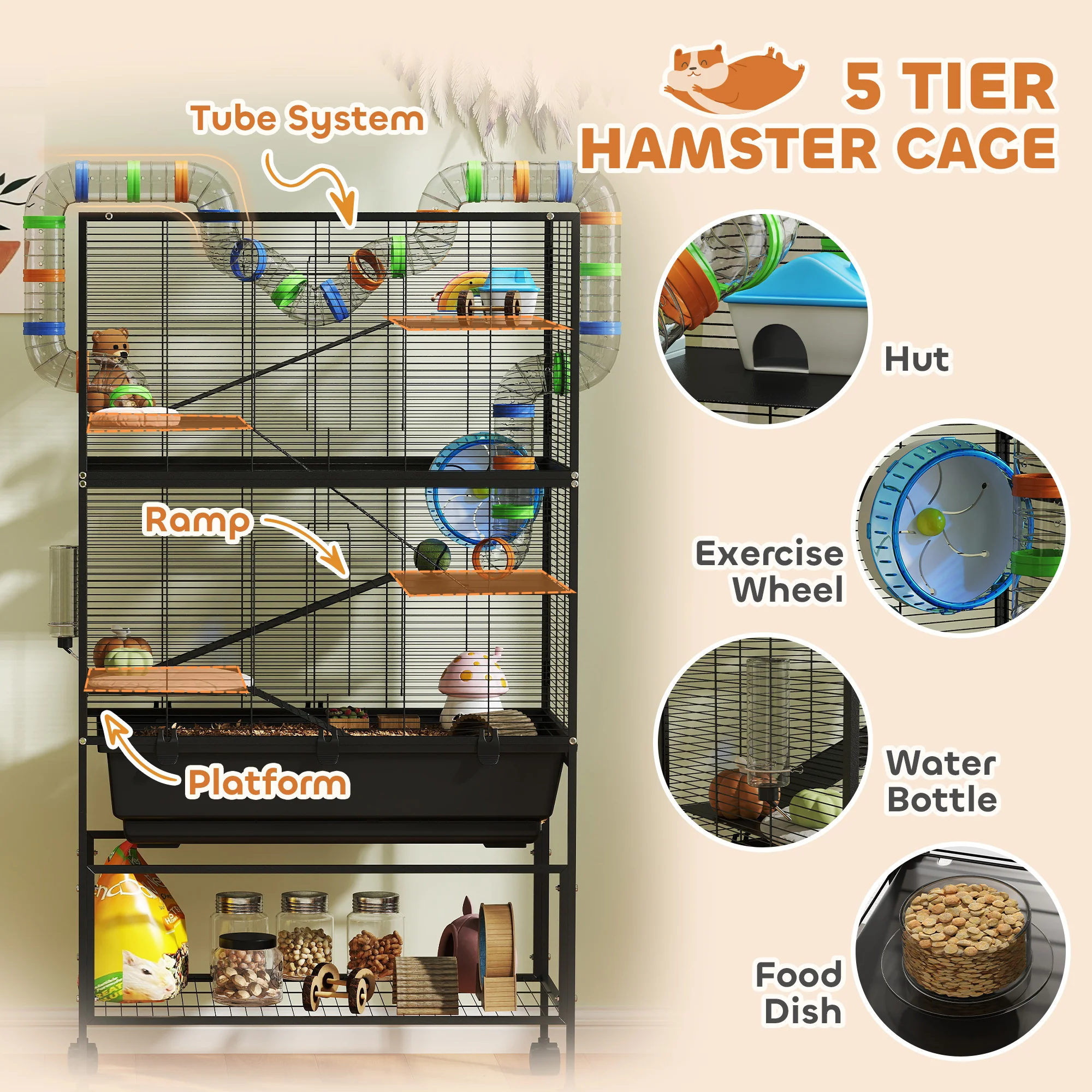 PawHut Hamster Cage, Gerbil Cage On Wheels With Storage Shelf - Image 13