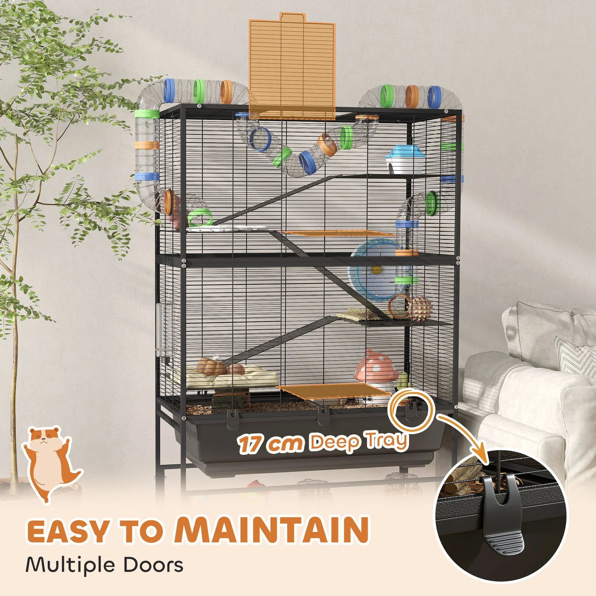 PawHut Hamster Cage, Gerbil Cage On Wheels With Storage Shelf - Image 15