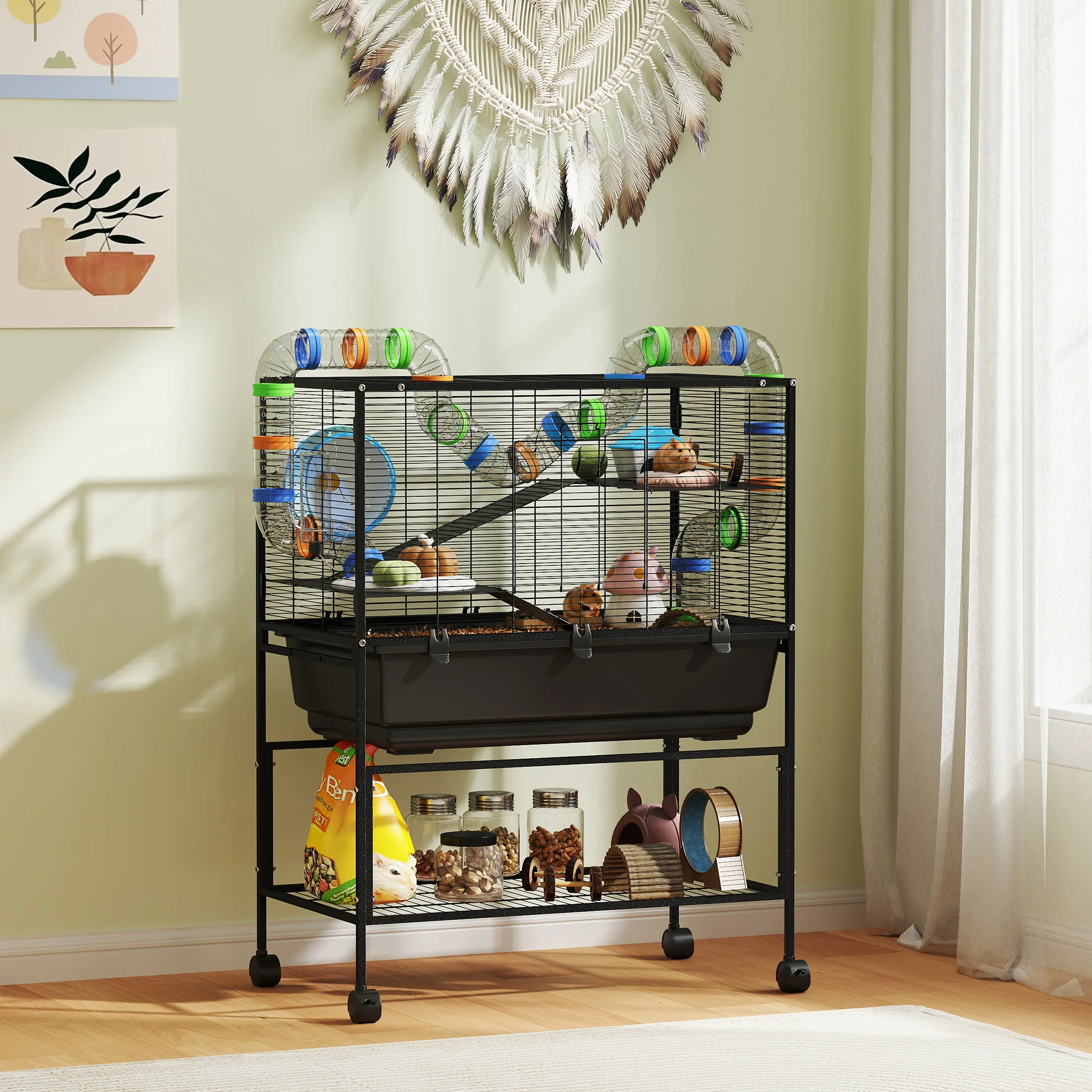 PawHut Hamster Cage, Gerbil Cage On Wheels With Storage Shelf - Image 2