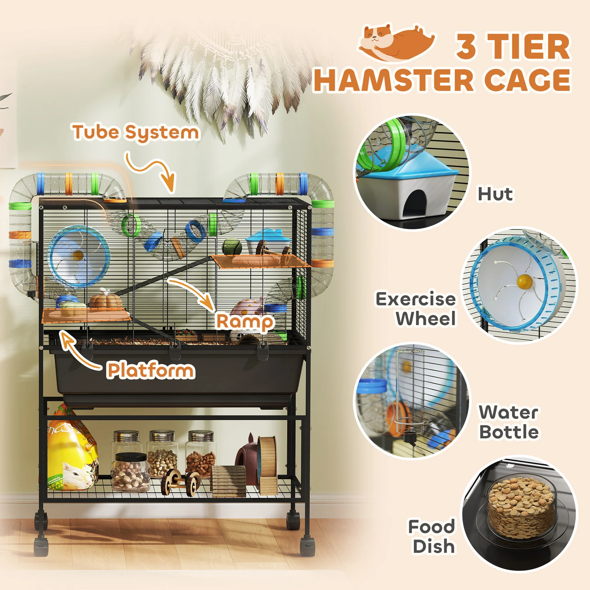 PawHut Hamster Cage, Gerbil Cage On Wheels With Storage Shelf - Image 4