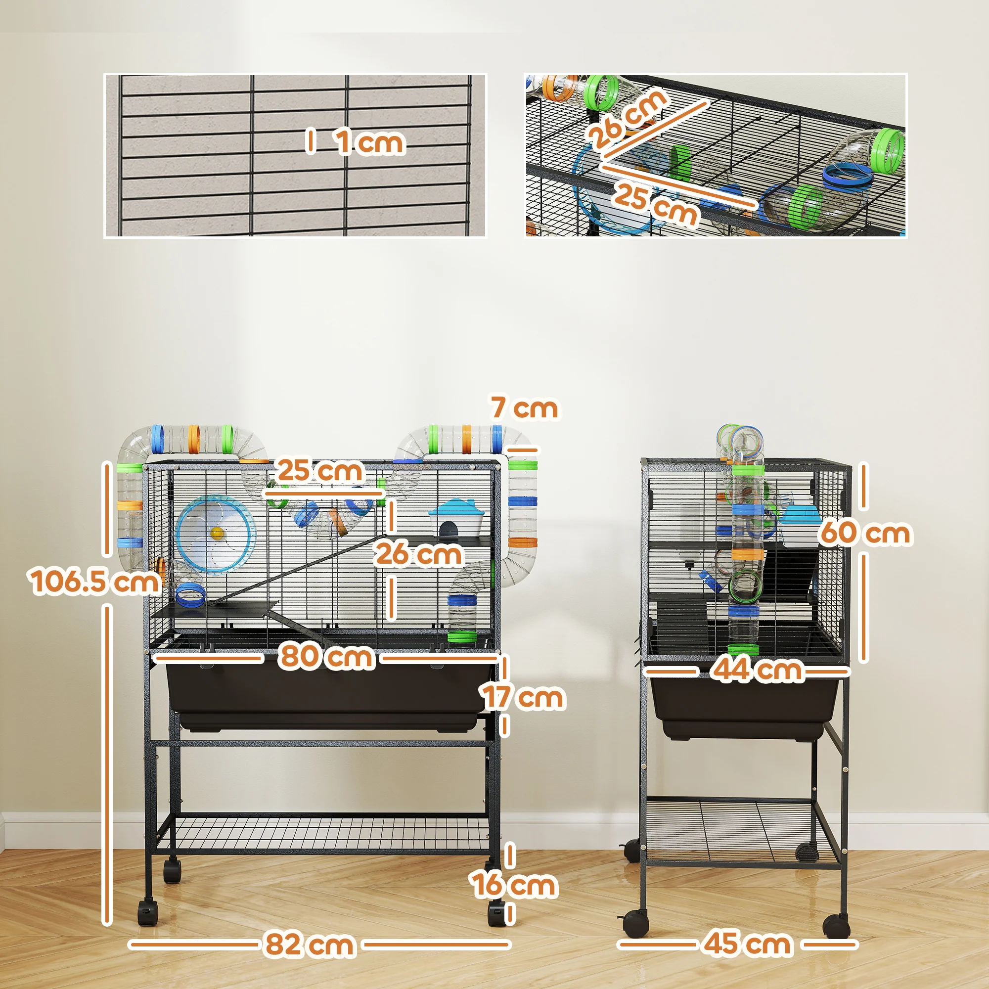 PawHut Hamster Cage, Gerbil Cage On Wheels With Storage Shelf - Image 5