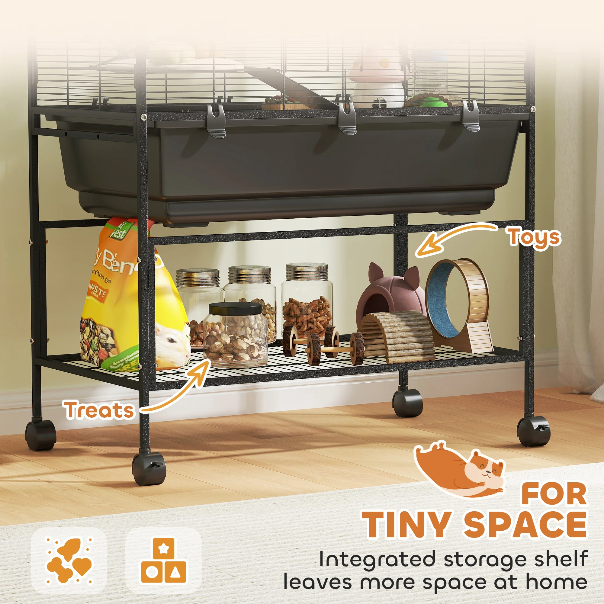 PawHut Hamster Cage, Gerbil Cage On Wheels With Storage Shelf - Image 7