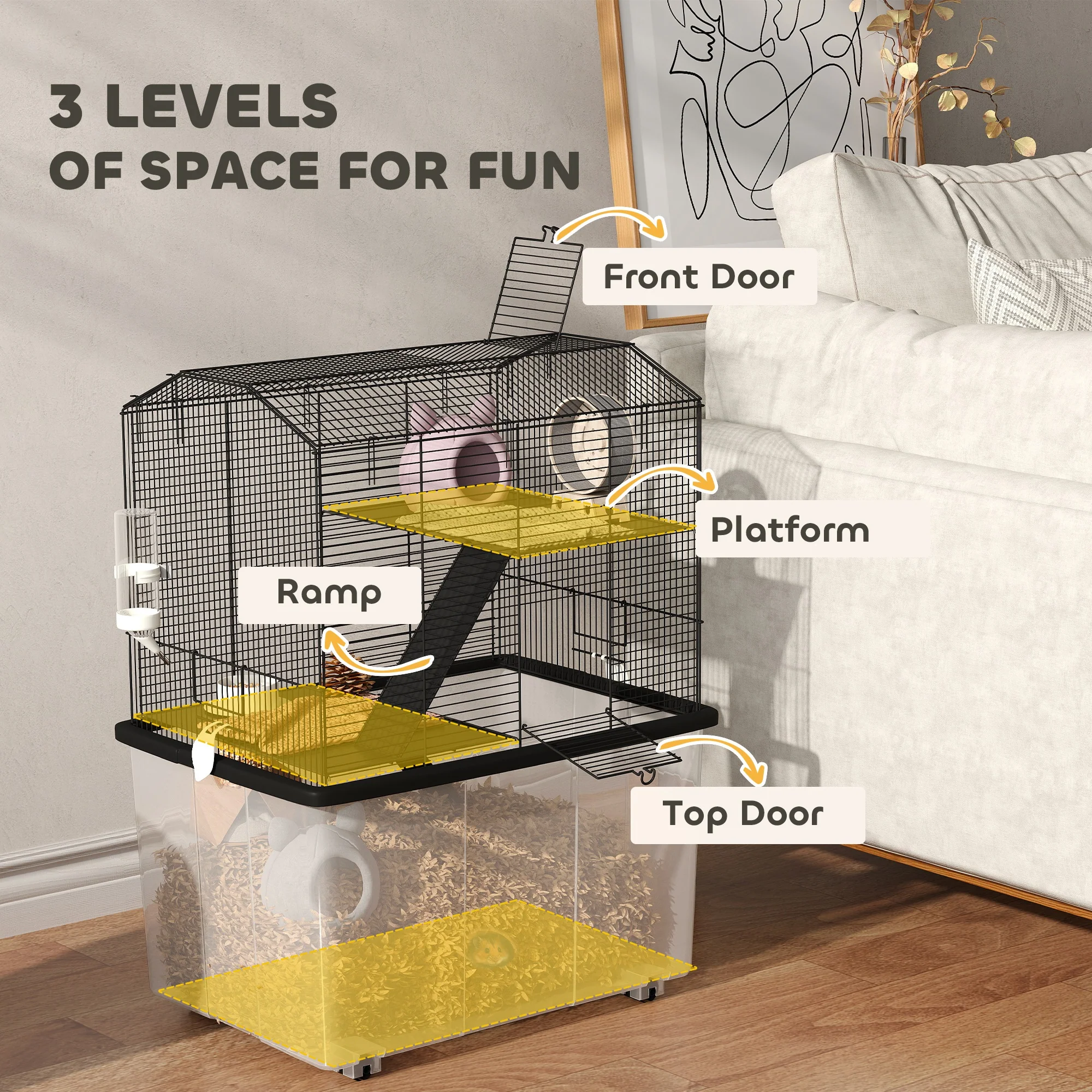 PawHut Hamster Cage, Three-Tier Gerbil Cage W/ Deep Bottom, Ramp, Food Dish - Image 3