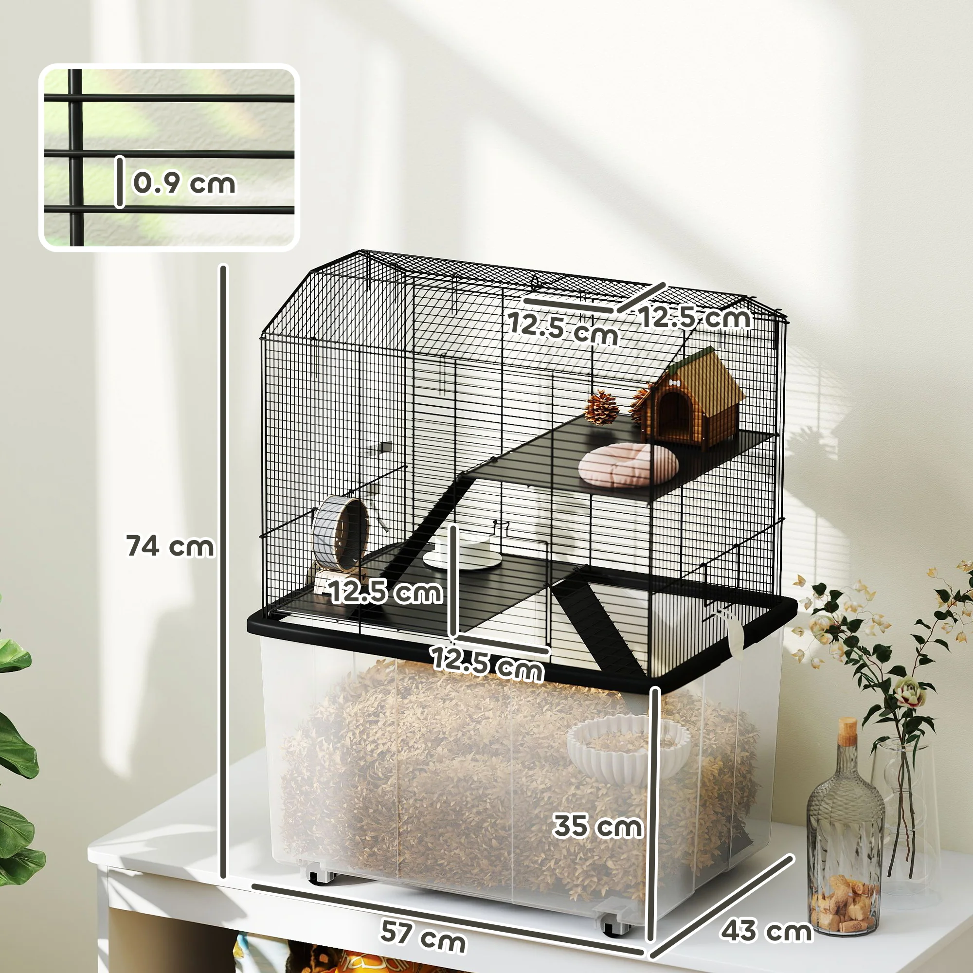 PawHut Hamster Cage, Three-Tier Gerbil Cage W/ Deep Bottom, Ramp, Food Dish - Image 5