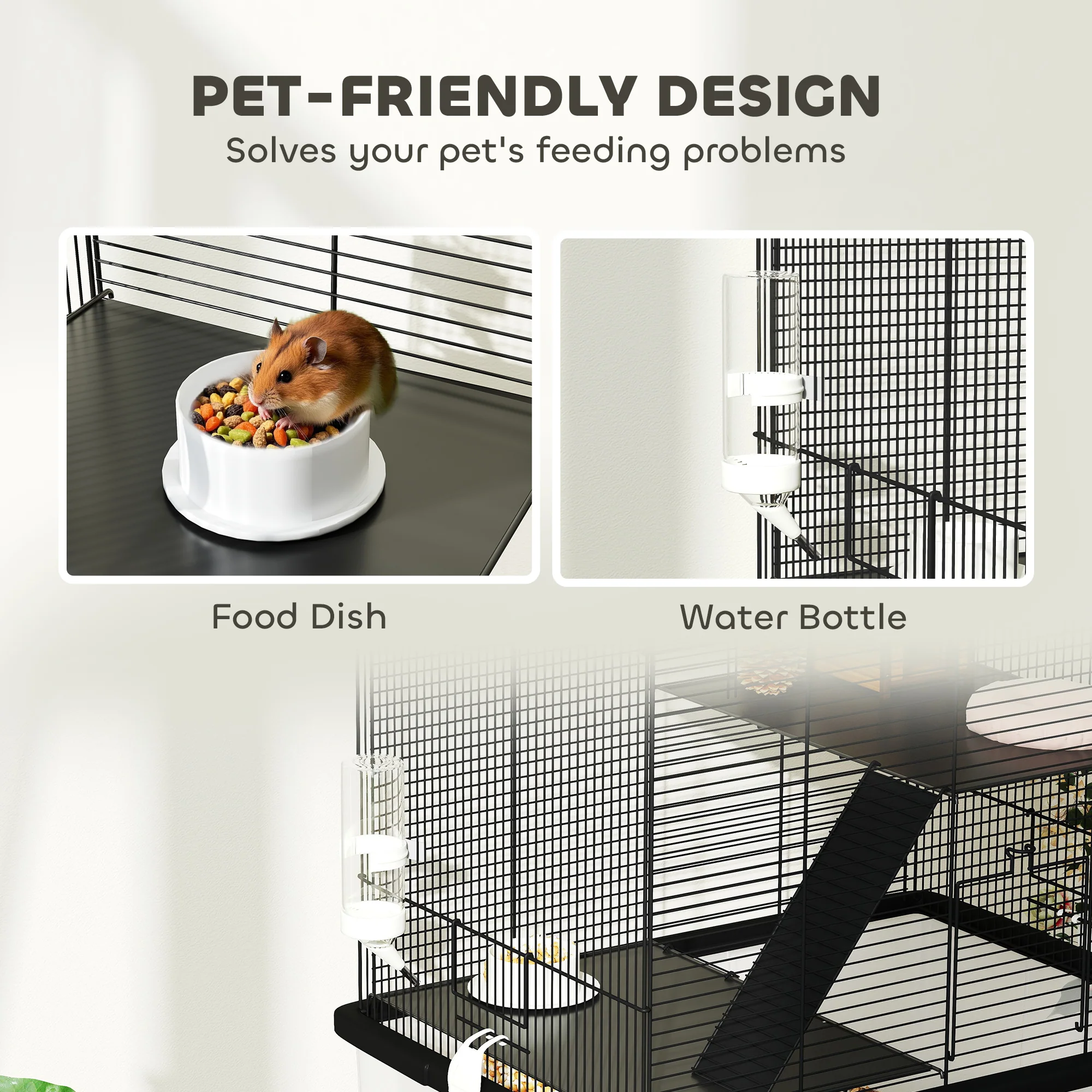 PawHut Hamster Cage, Three-Tier Gerbil Cage W/ Deep Bottom, Ramp, Food Dish - Image 6