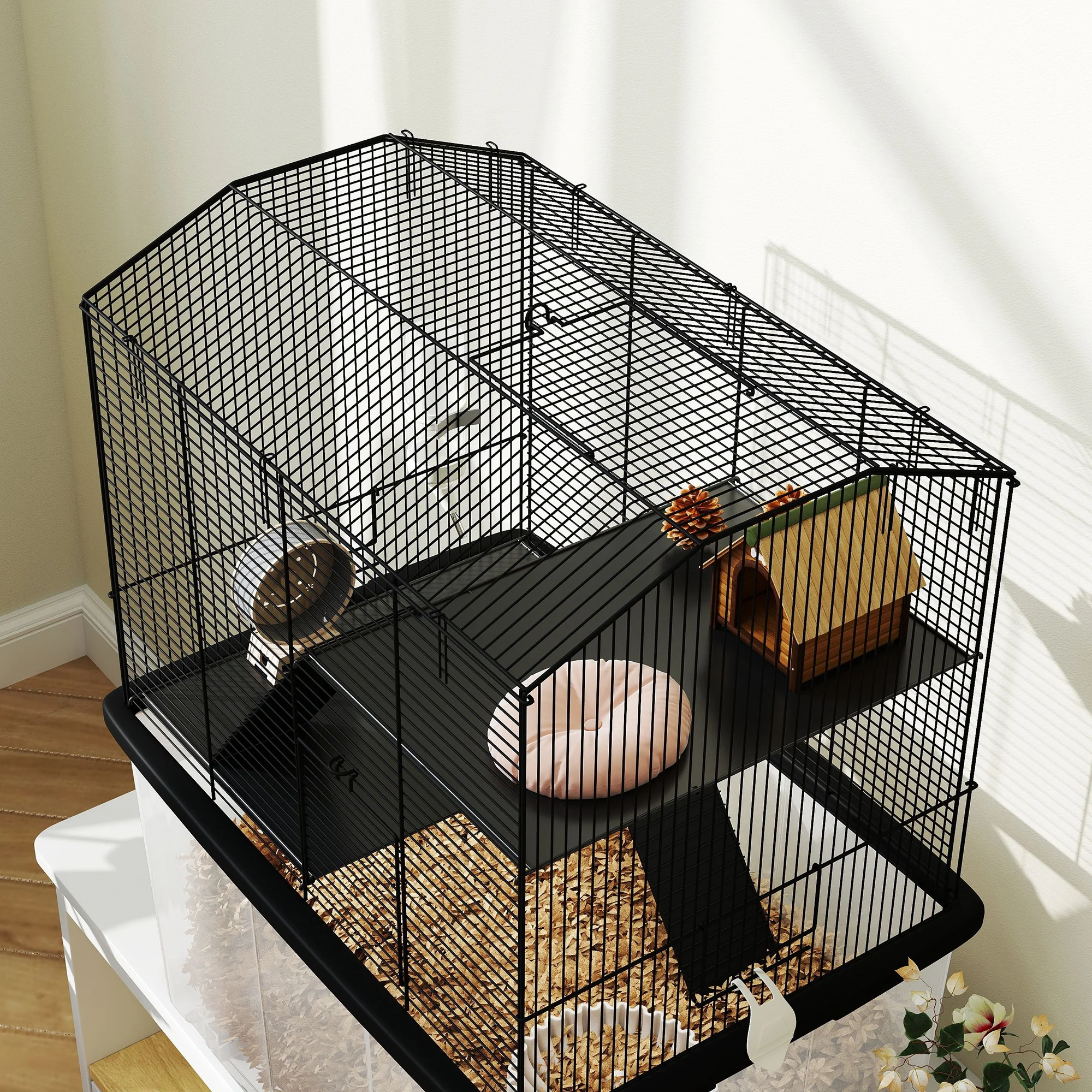PawHut Hamster Cage, Three-Tier Gerbil Cage W/ Deep Bottom, Ramp, Food Dish - Image 8