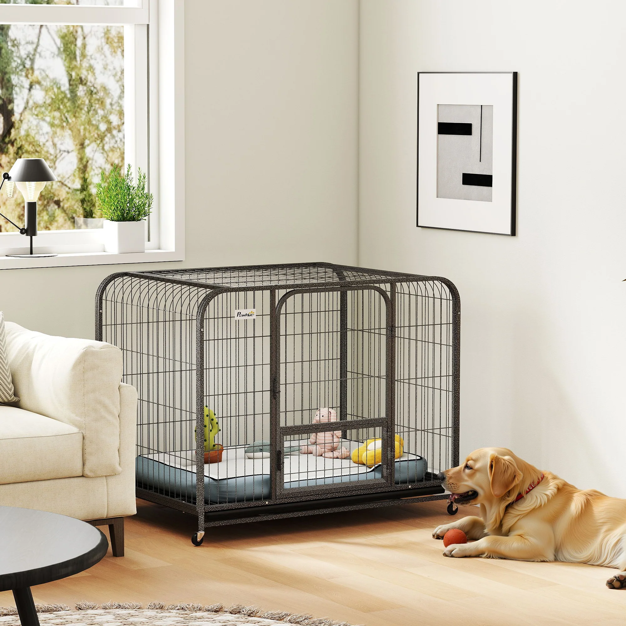 PawHut Heavy Duty Dog Crate, Large Dog Cage With Wheels And Tray - Image 11