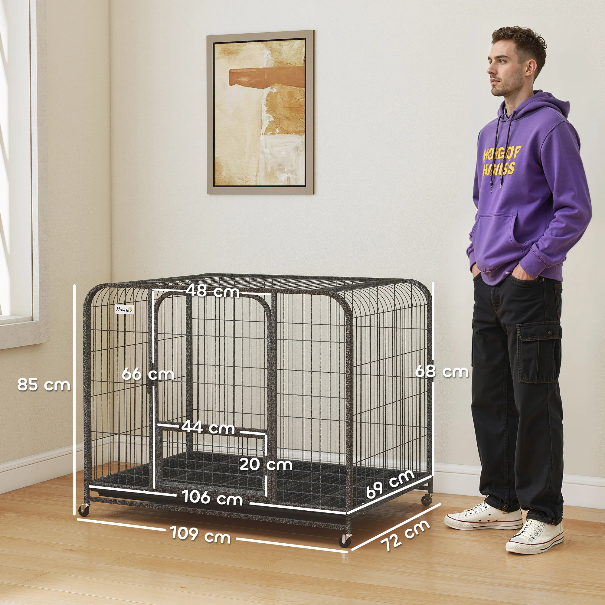 PawHut Heavy Duty Dog Crate, Large Dog Cage With Wheels And Tray - Image 14