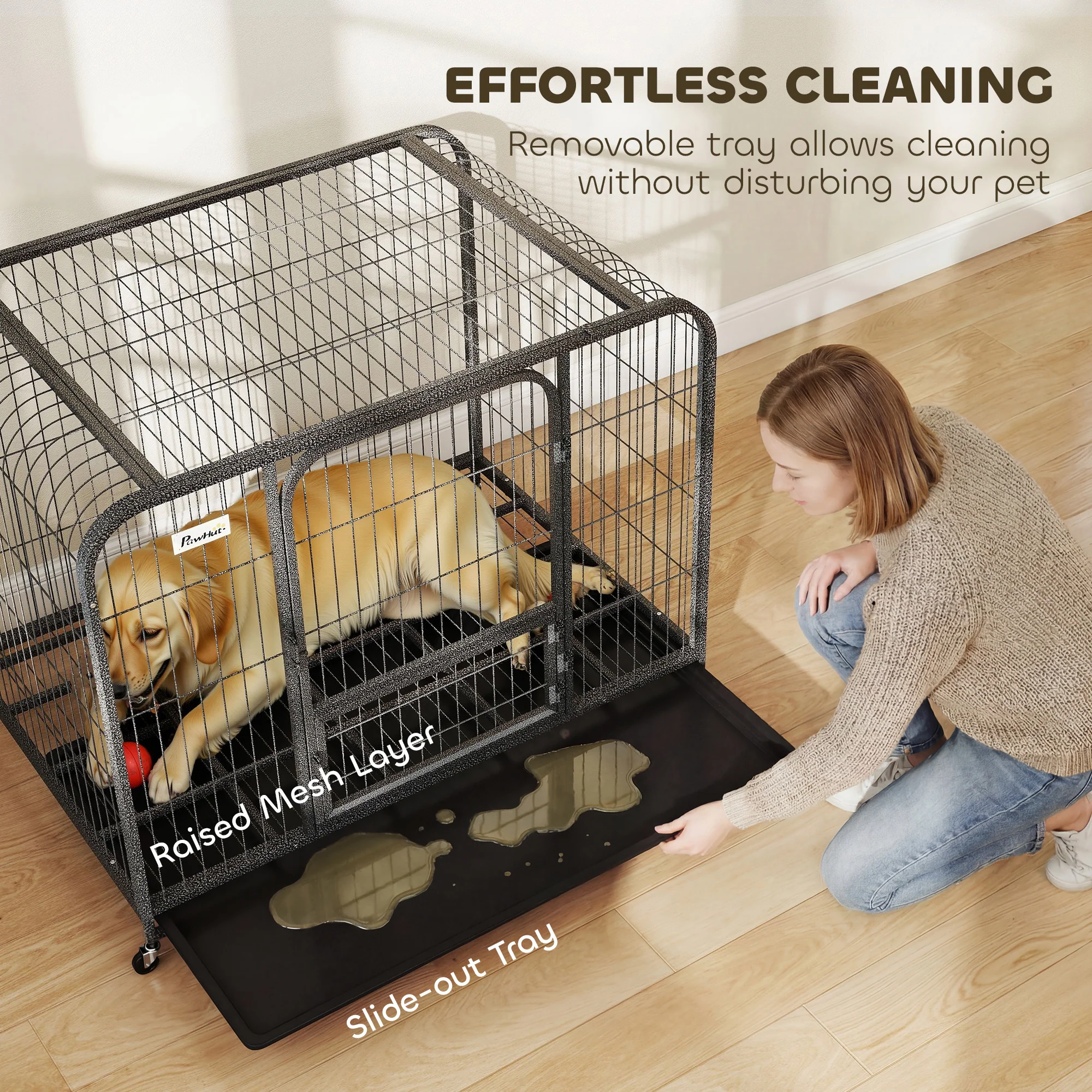 PawHut Heavy Duty Dog Crate, Large Dog Cage With Wheels And Tray - Image 16