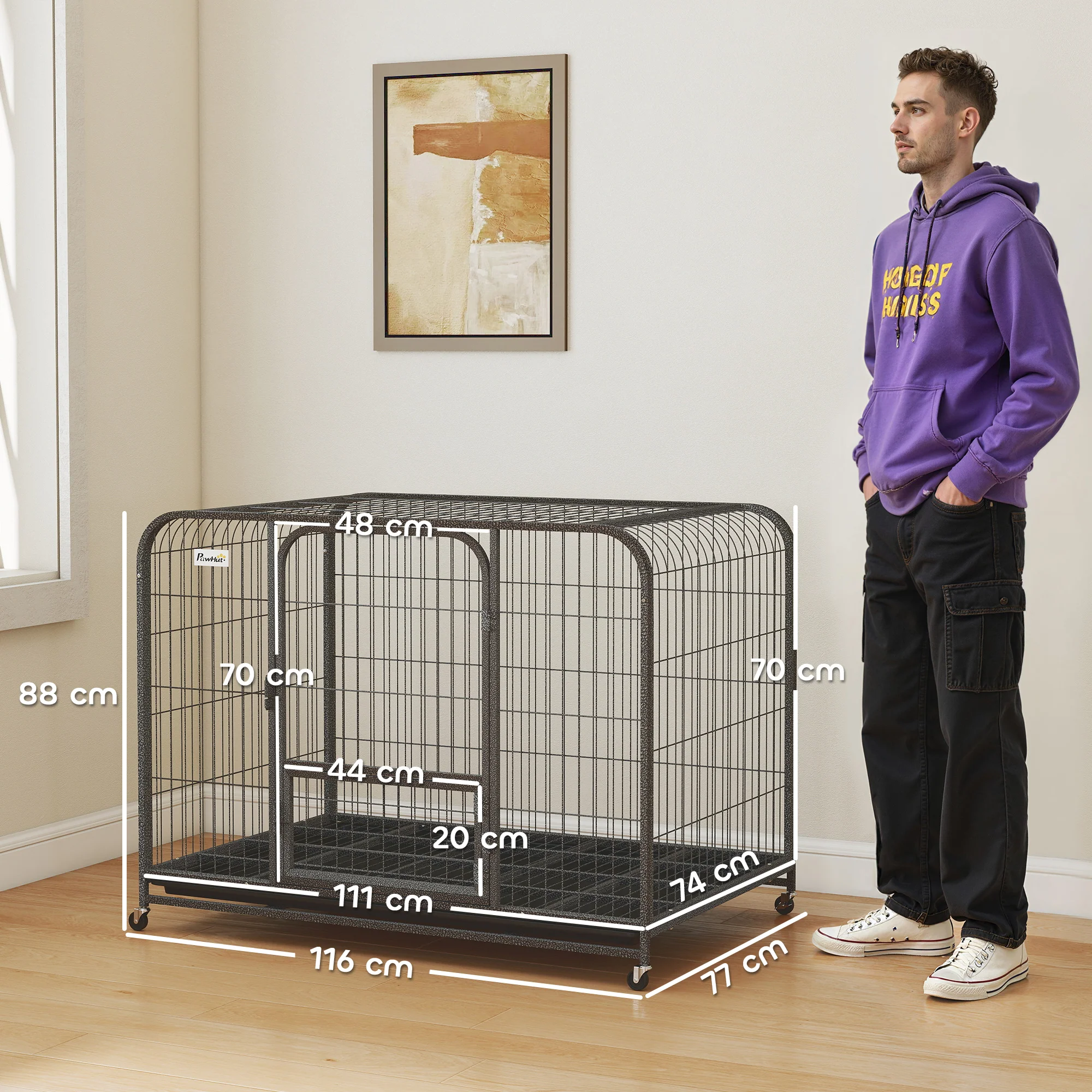 PawHut Heavy Duty Dog Crate, Large Dog Cage With Wheels And Tray - Image 23