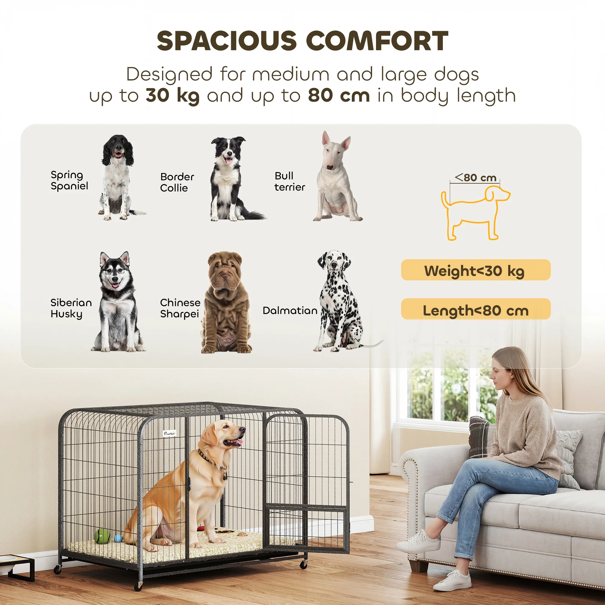 PawHut Heavy Duty Dog Crate, Large Dog Cage With Wheels And Tray - Image 24