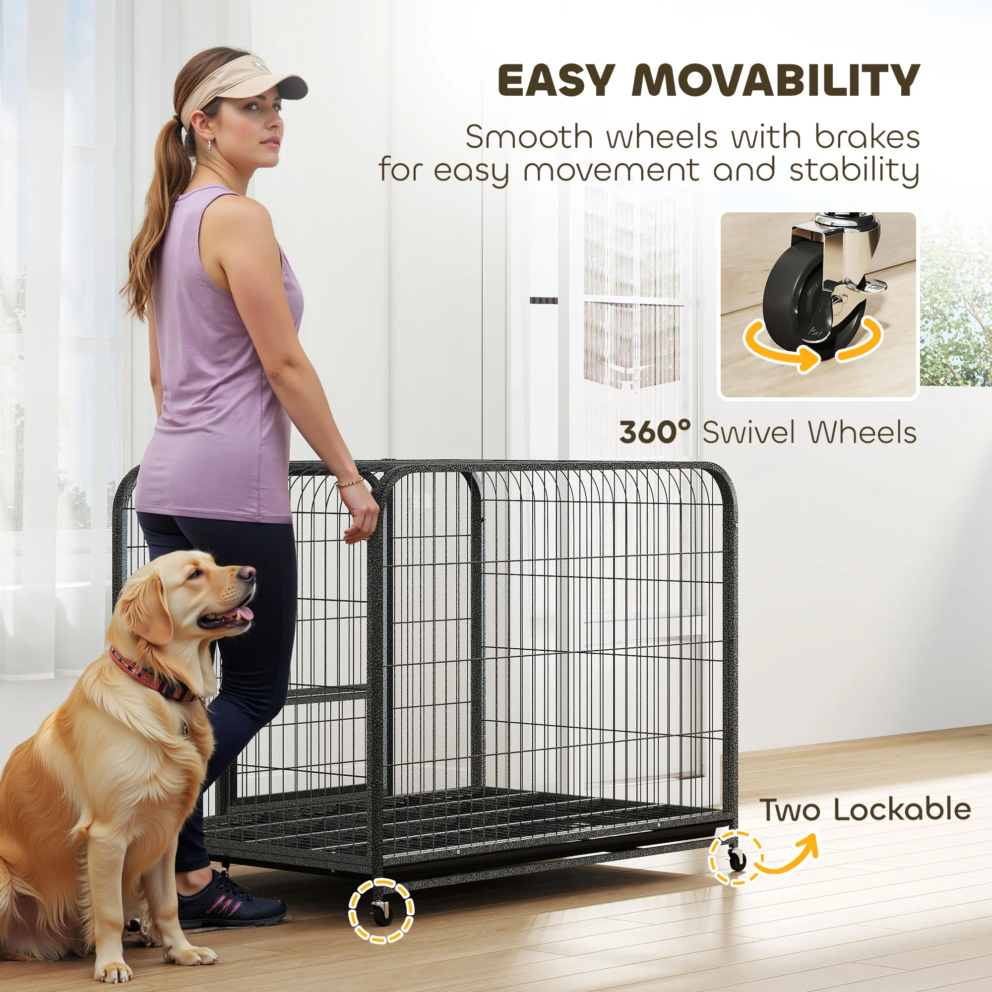 PawHut Heavy Duty Dog Crate, Large Dog Cage With Wheels And Tray - Image 26