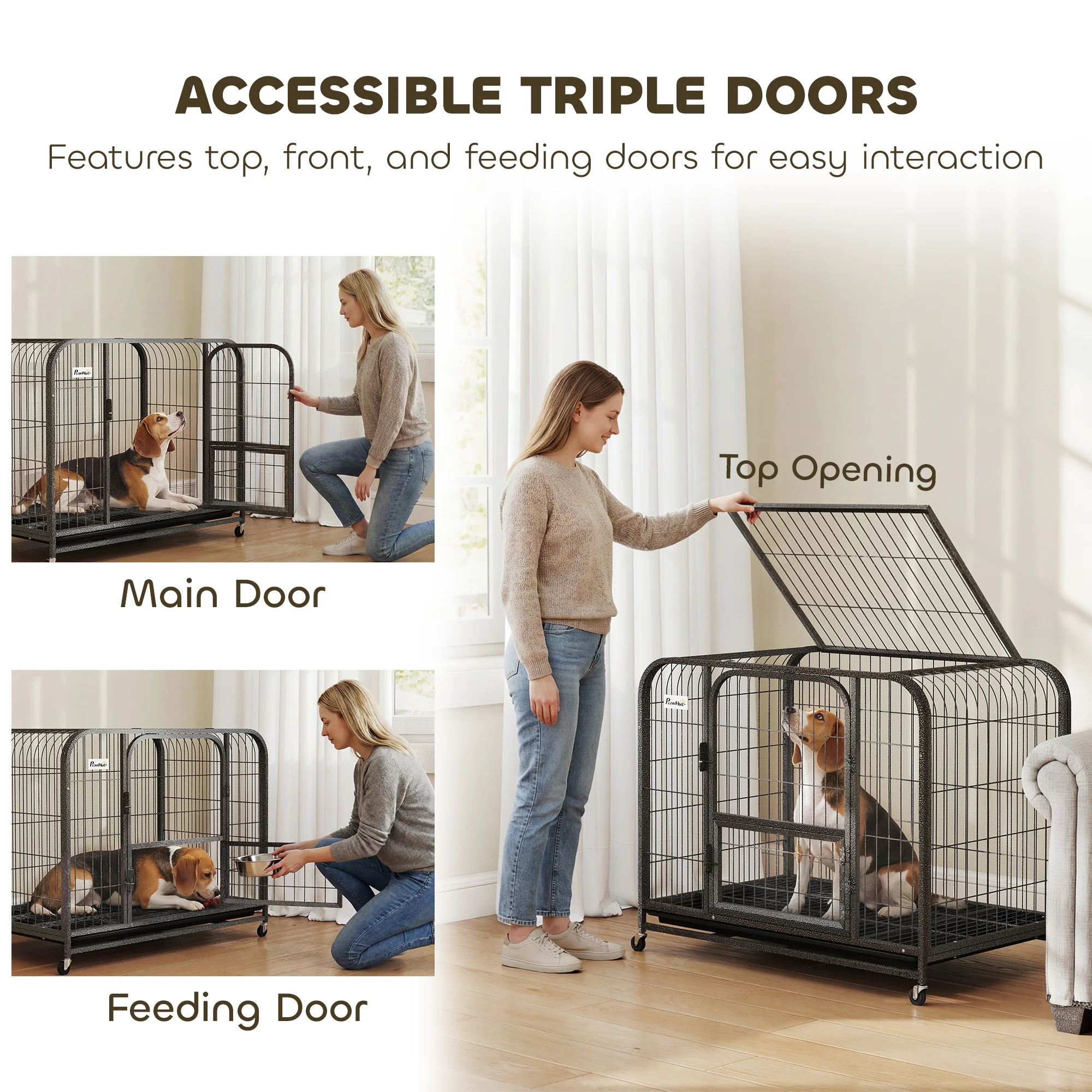 PawHut Heavy Duty Dog Crate, Large Dog Cage With Wheels And Tray - Image 4