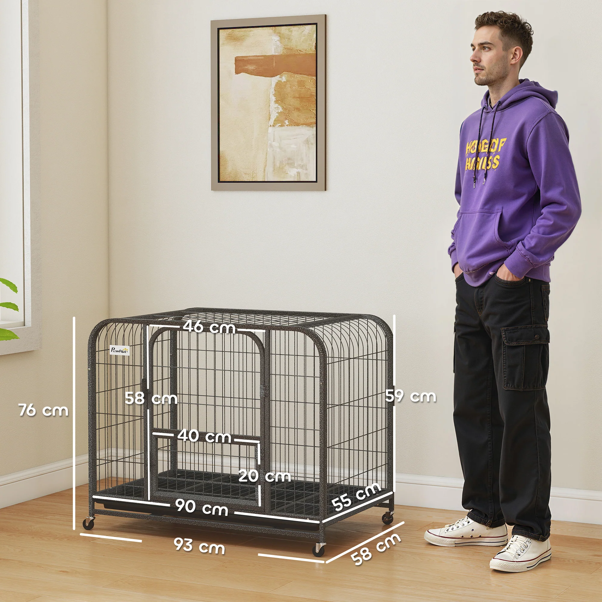 PawHut Heavy Duty Dog Crate, Large Dog Cage With Wheels And Tray - Image 5
