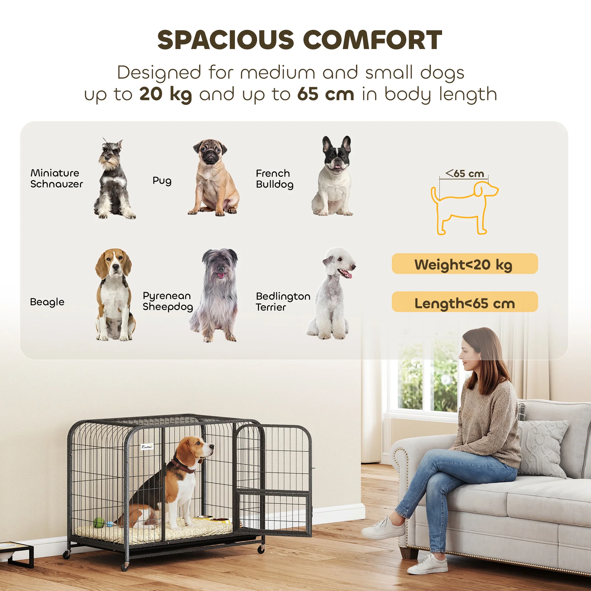 PawHut Heavy Duty Dog Crate, Large Dog Cage With Wheels And Tray - Image 6