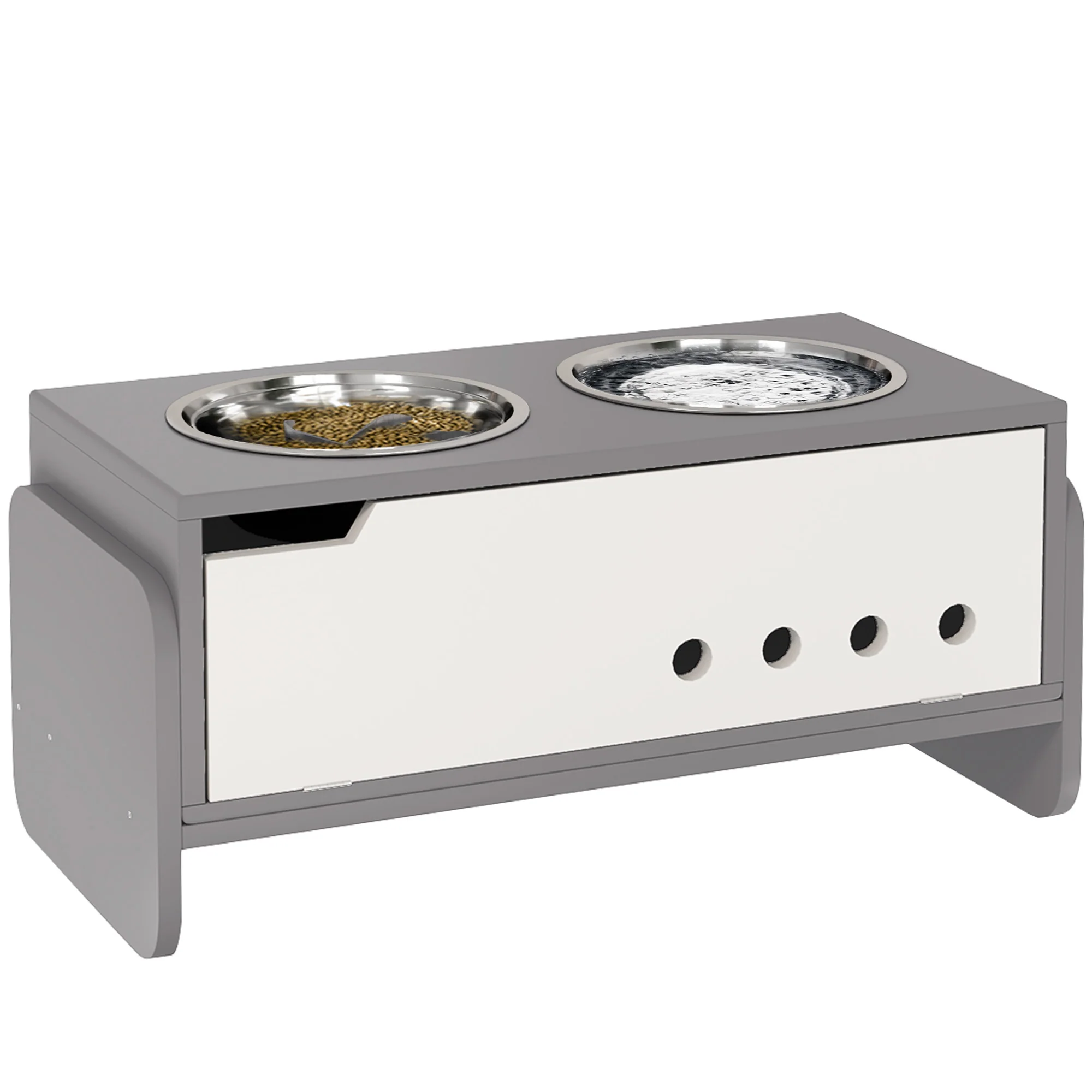 PawHut Height Adjustable Dog Feeding Storage w/ 2 Stainless Steel Bowls