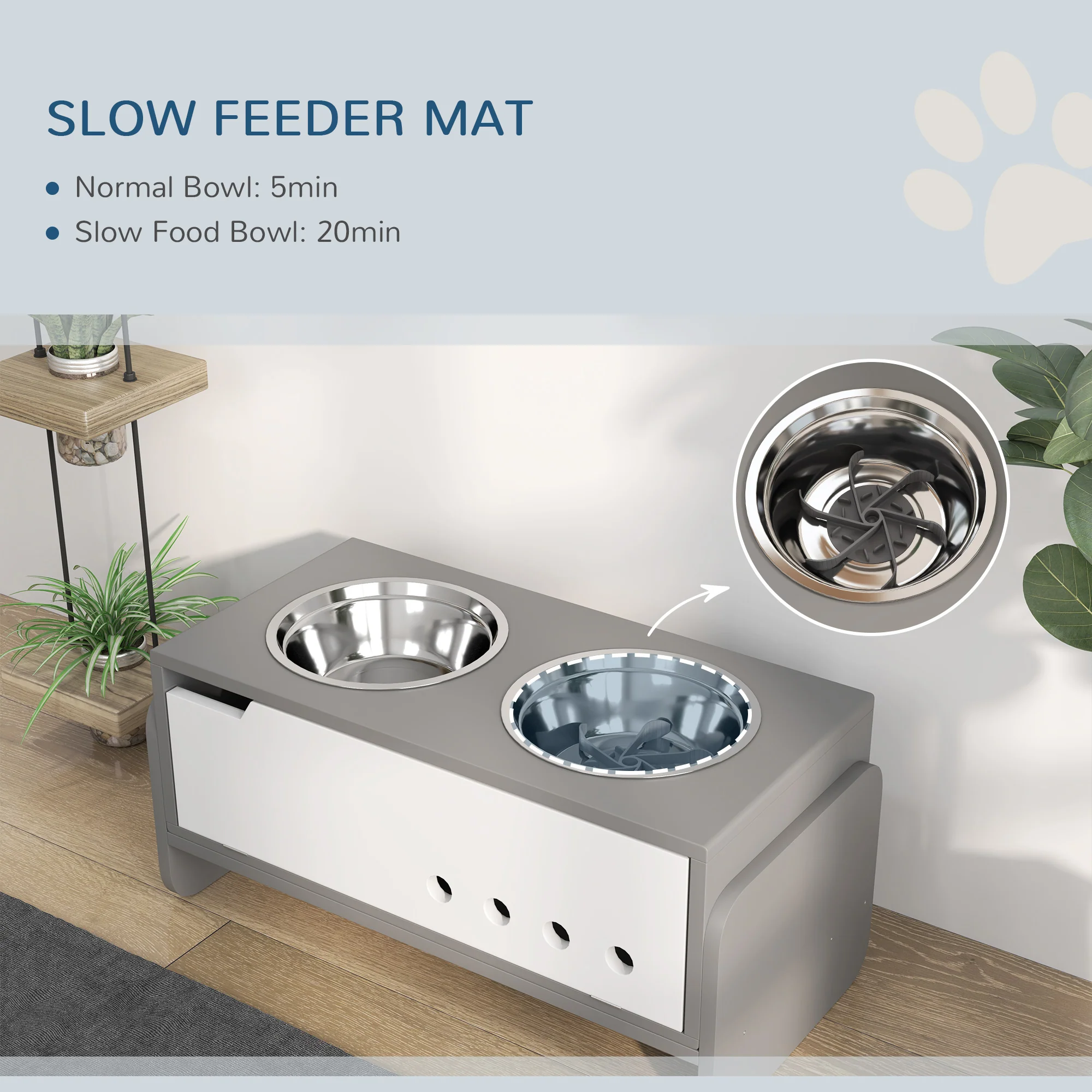 PawHut Height Adjustable Dog Feeding Storage w/ 2 Stainless Steel Bowls - Image 4